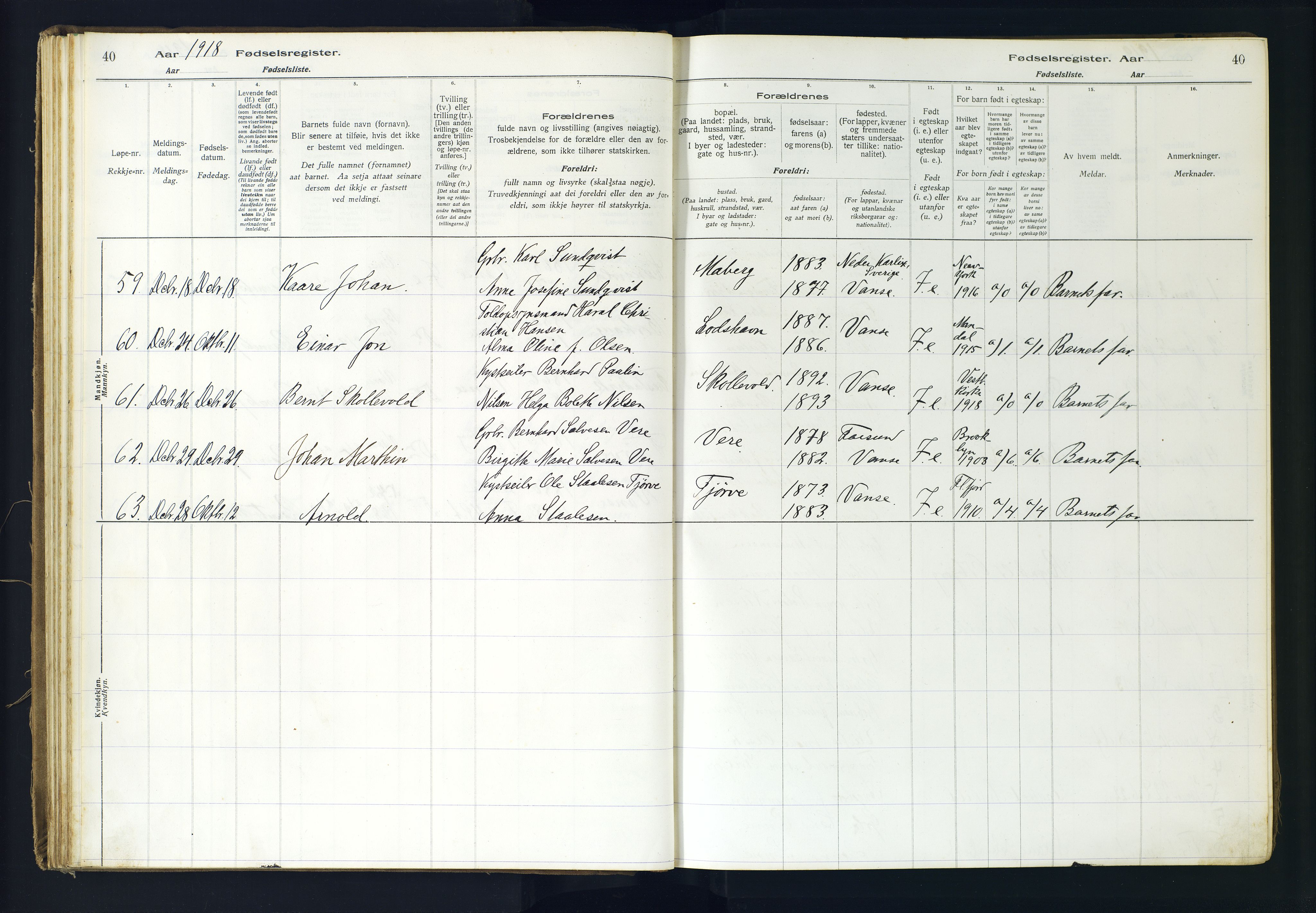 Lista sokneprestkontor, AV/SAK-1111-0027/J/Ja/L0001: Birth register no. A-VI-30, 1916-1934, p. 40