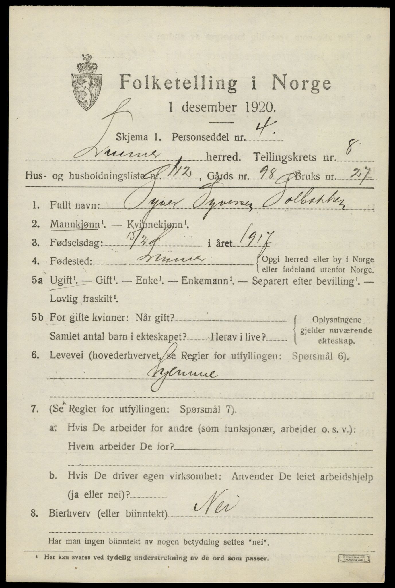 SAH, 1920 census for Lunner, 1920, p. 10337