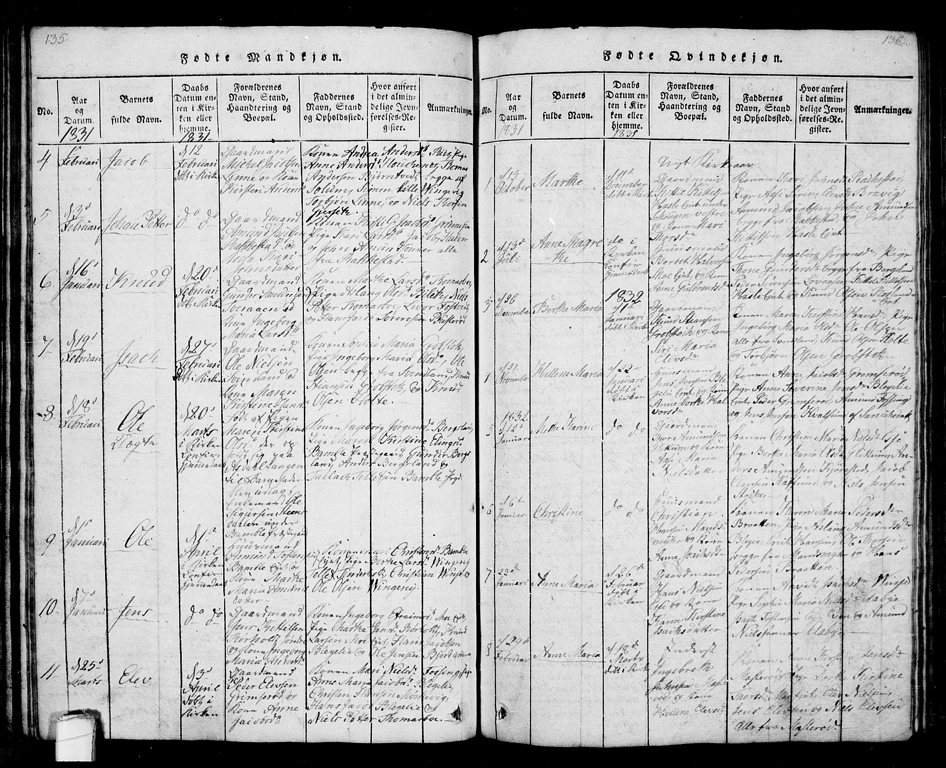 Bamble kirkebøker, SAKO/A-253/G/Ga/L0005: Parish register (copy) no. I 5, 1814-1855, p. 135-136