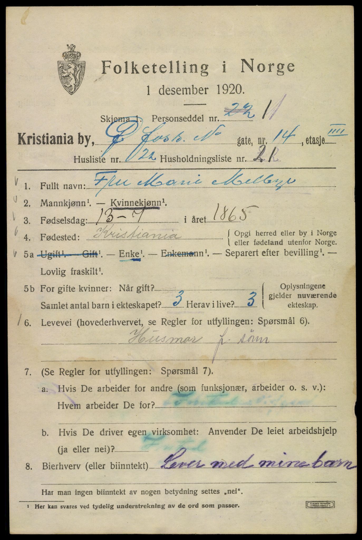 SAO, 1920 census for Kristiania, 1920, p. 660145