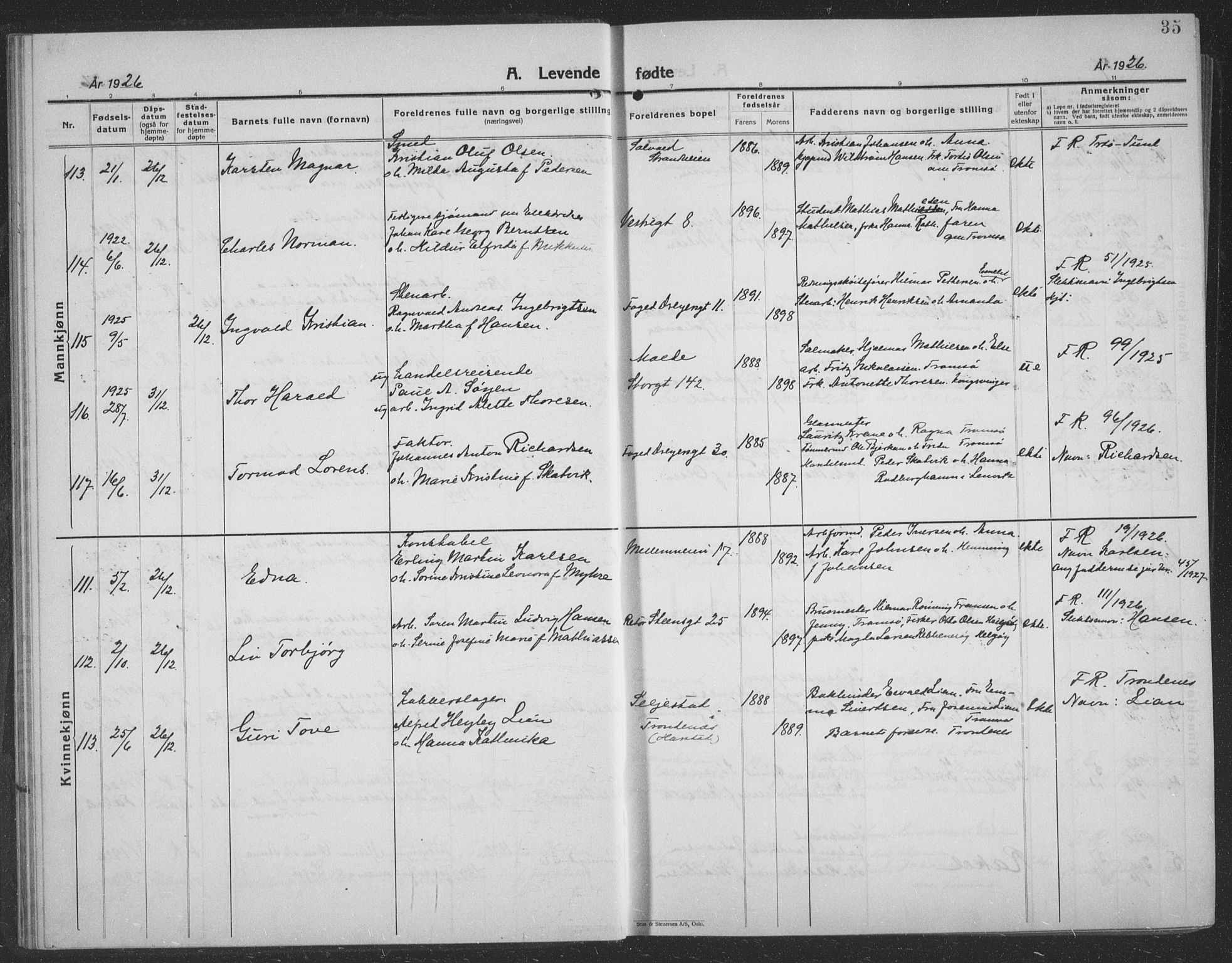 Tromsø sokneprestkontor/stiftsprosti/domprosti, AV/SATØ-S-1343/G/Gb/L0010klokker: Parish register (copy) no. 10, 1925-1937, p. 35