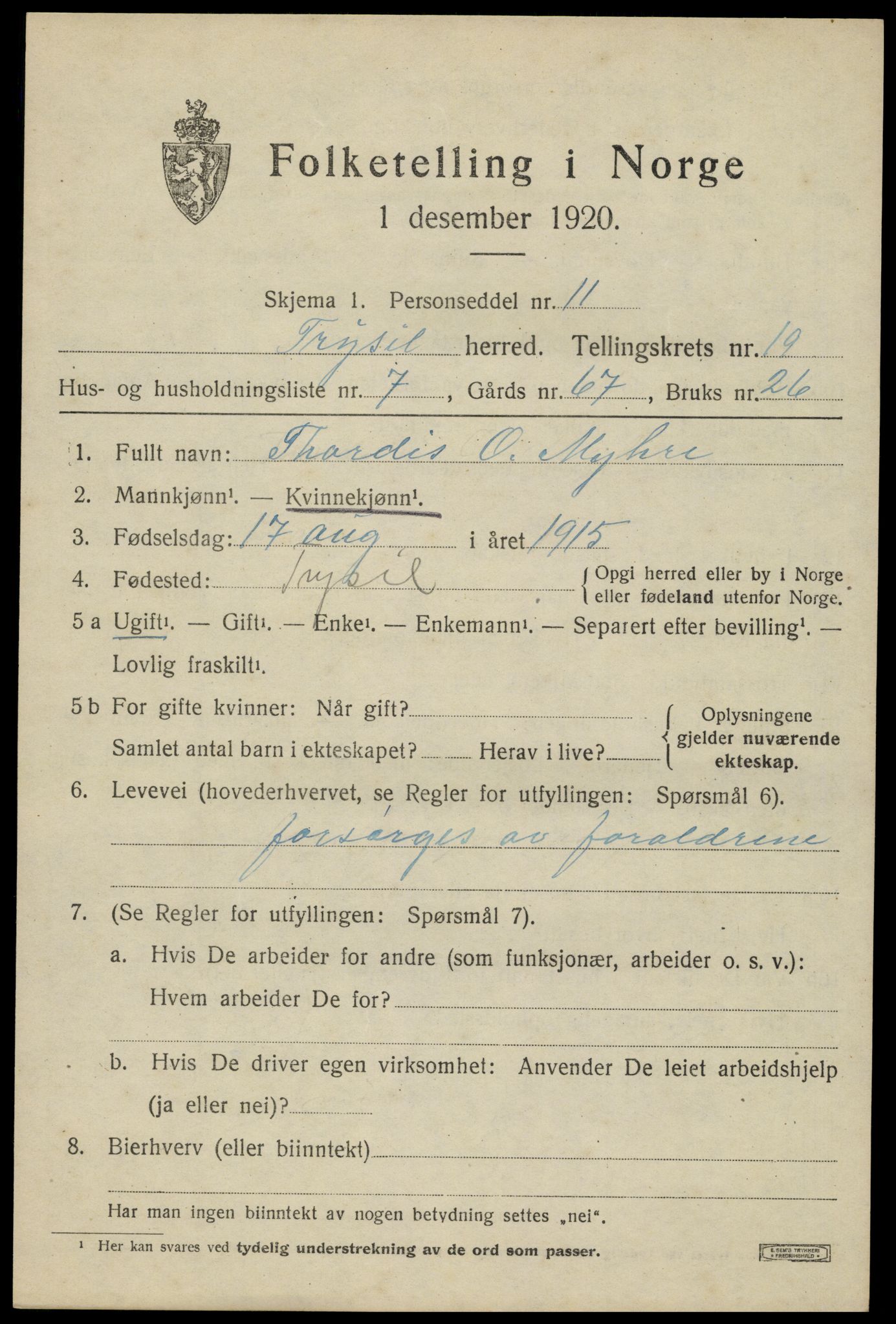 SAH, 1920 census for Trysil, 1920, p. 12813