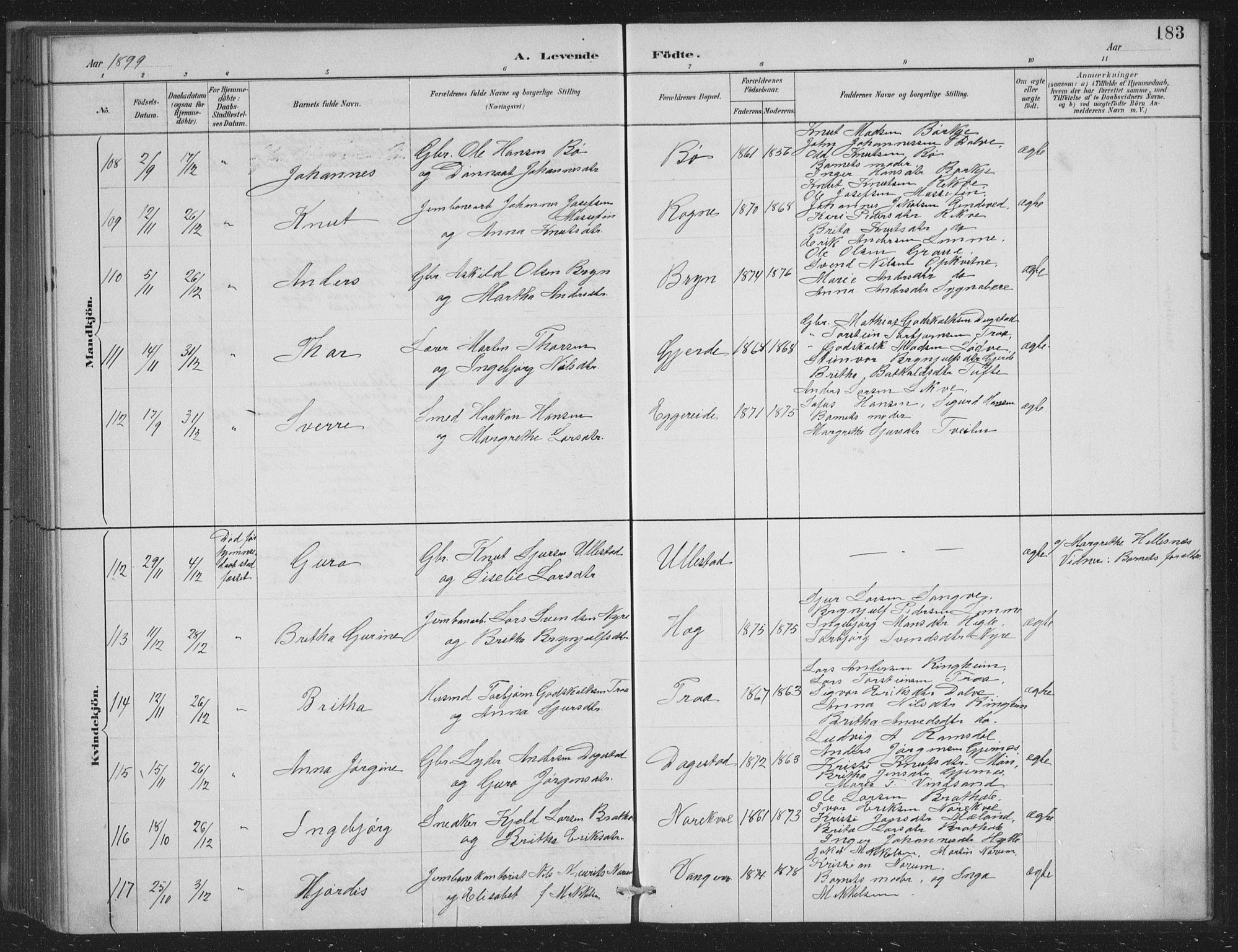 Voss sokneprestembete, SAB/A-79001/H/Hab: Parish register (copy) no. C 1, 1886-1899, p. 183