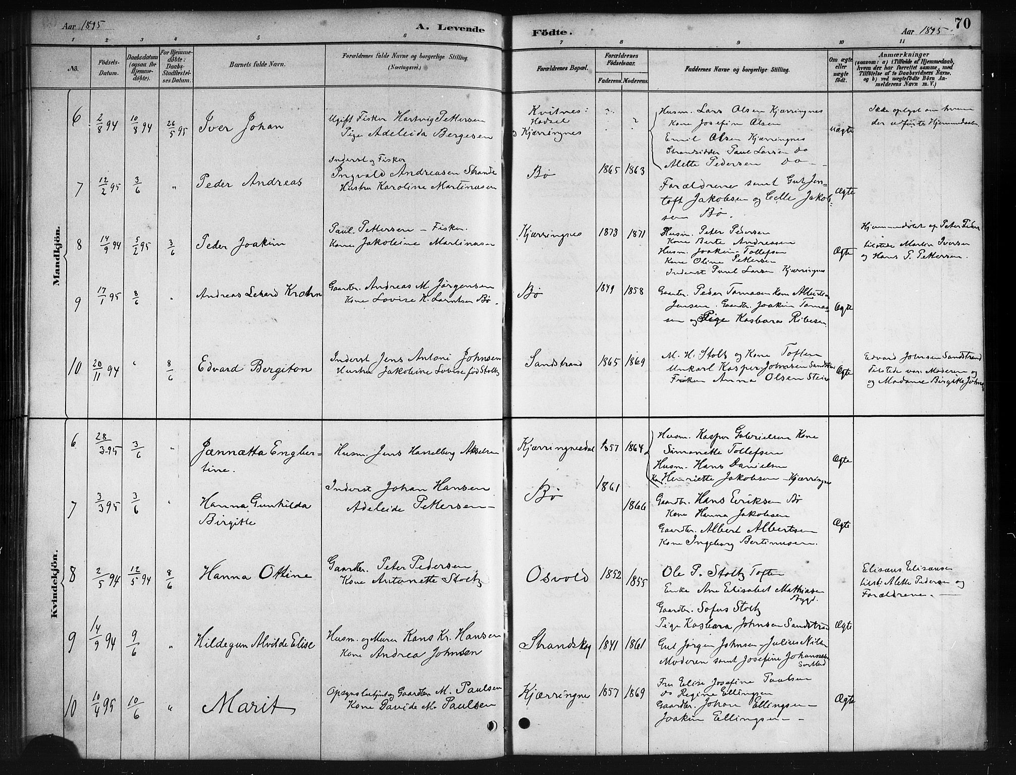 Ministerialprotokoller, klokkerbøker og fødselsregistre - Nordland, AV/SAT-A-1459/895/L1382: Parish register (copy) no. 895C04, 1885-1896, p. 70