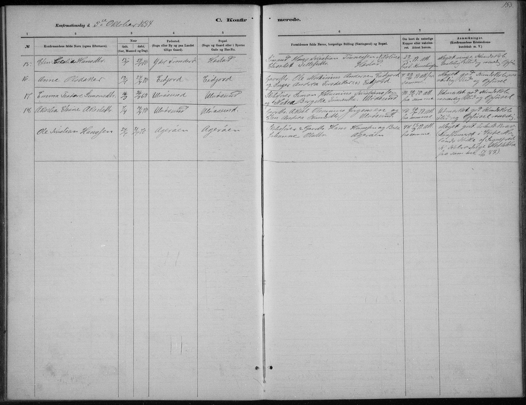 Høvåg sokneprestkontor, SAK/1111-0025/F/Fb/L0004: Parish register (copy) no. B 4, 1883-1898, p. 153