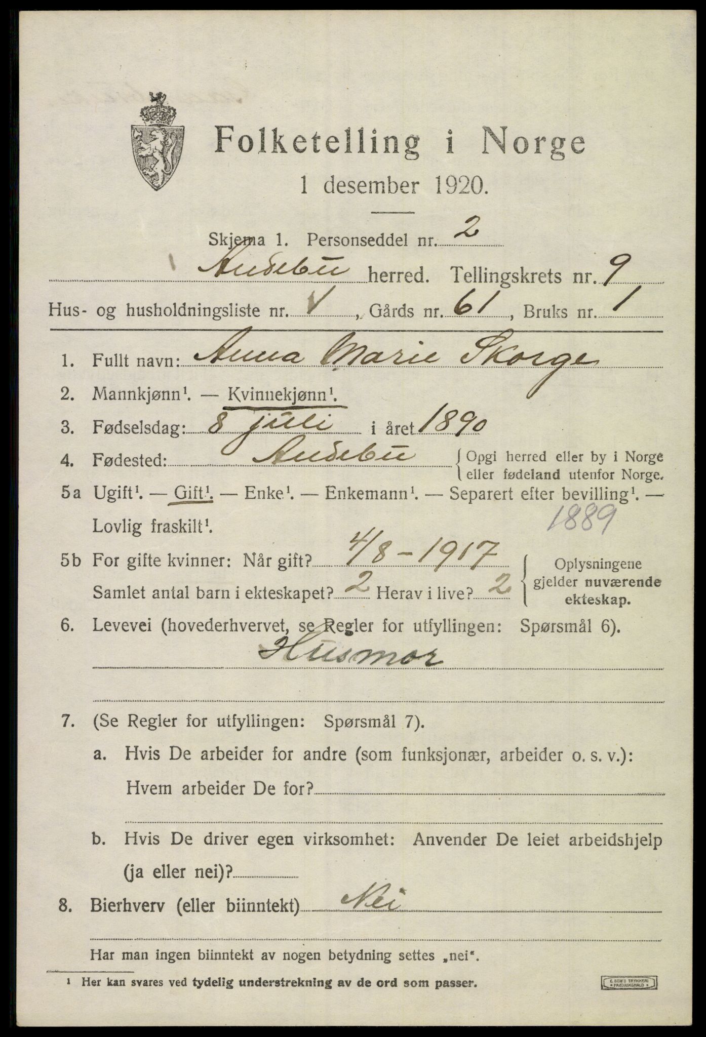 SAKO, 1920 census for Andebu, 1920, p. 3834