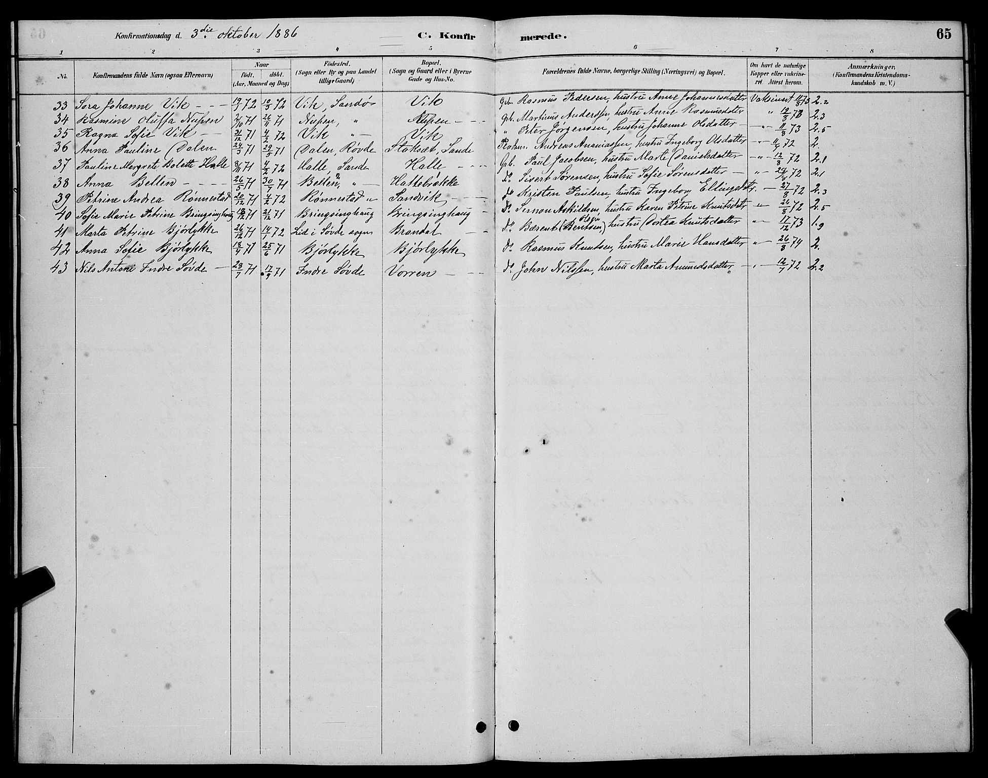 Ministerialprotokoller, klokkerbøker og fødselsregistre - Møre og Romsdal, AV/SAT-A-1454/503/L0048: Parish register (copy) no. 503C03, 1885-1893, p. 65