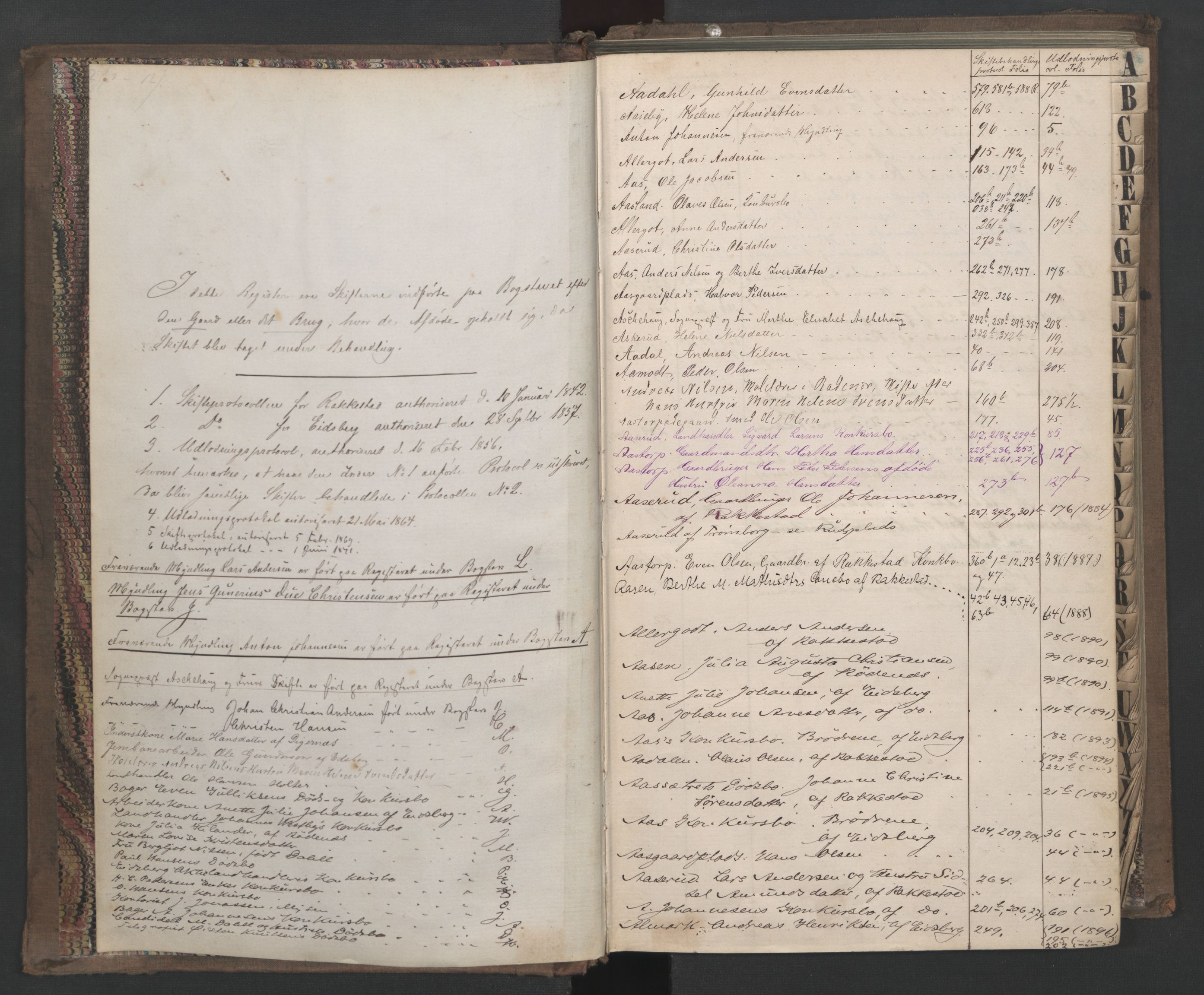 Rakkestad sorenskriveri, SAO/A-10686/H/Ha/Hae/L0001: Register til sluttede skifter, 1861-1910