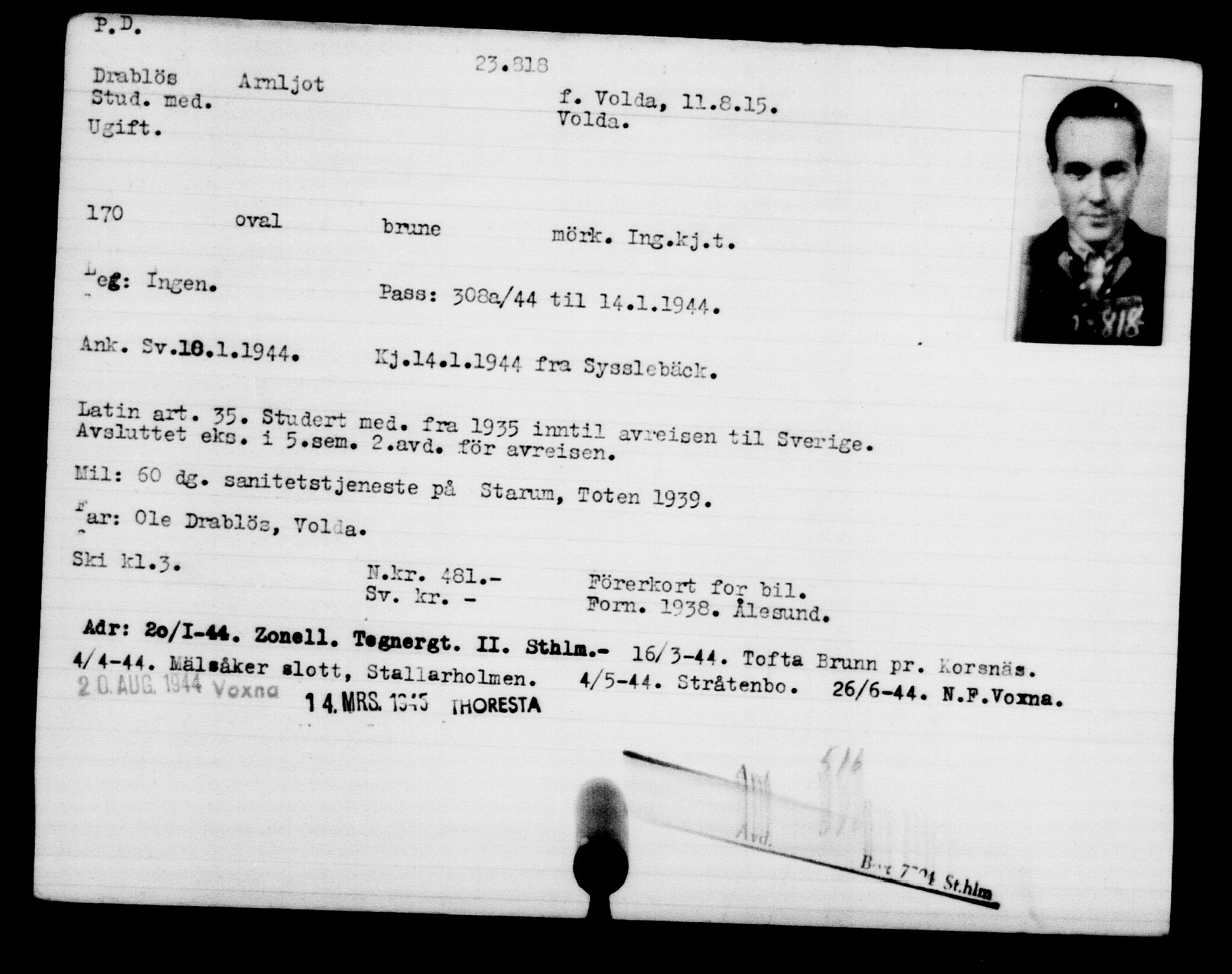 Utenriksstasjonene, Legasjonen i Stockholm, Flyktningkontoret, AV/RA-S-6753/V/Va/L0010: Kjesäterkartoteket, flyktninger med registreringsnr. 22000-25314, 1940-1945, p. 1928