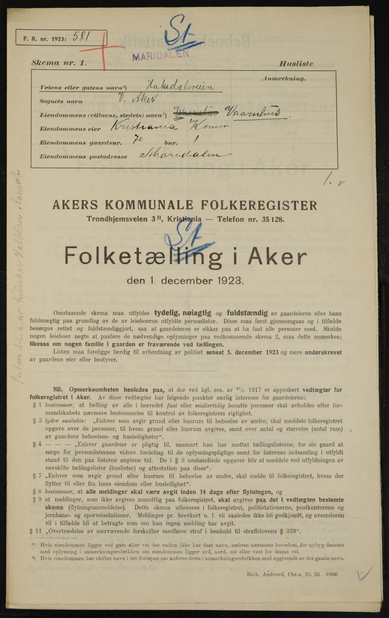 , Municipal Census 1923 for Aker, 1923, p. 11002