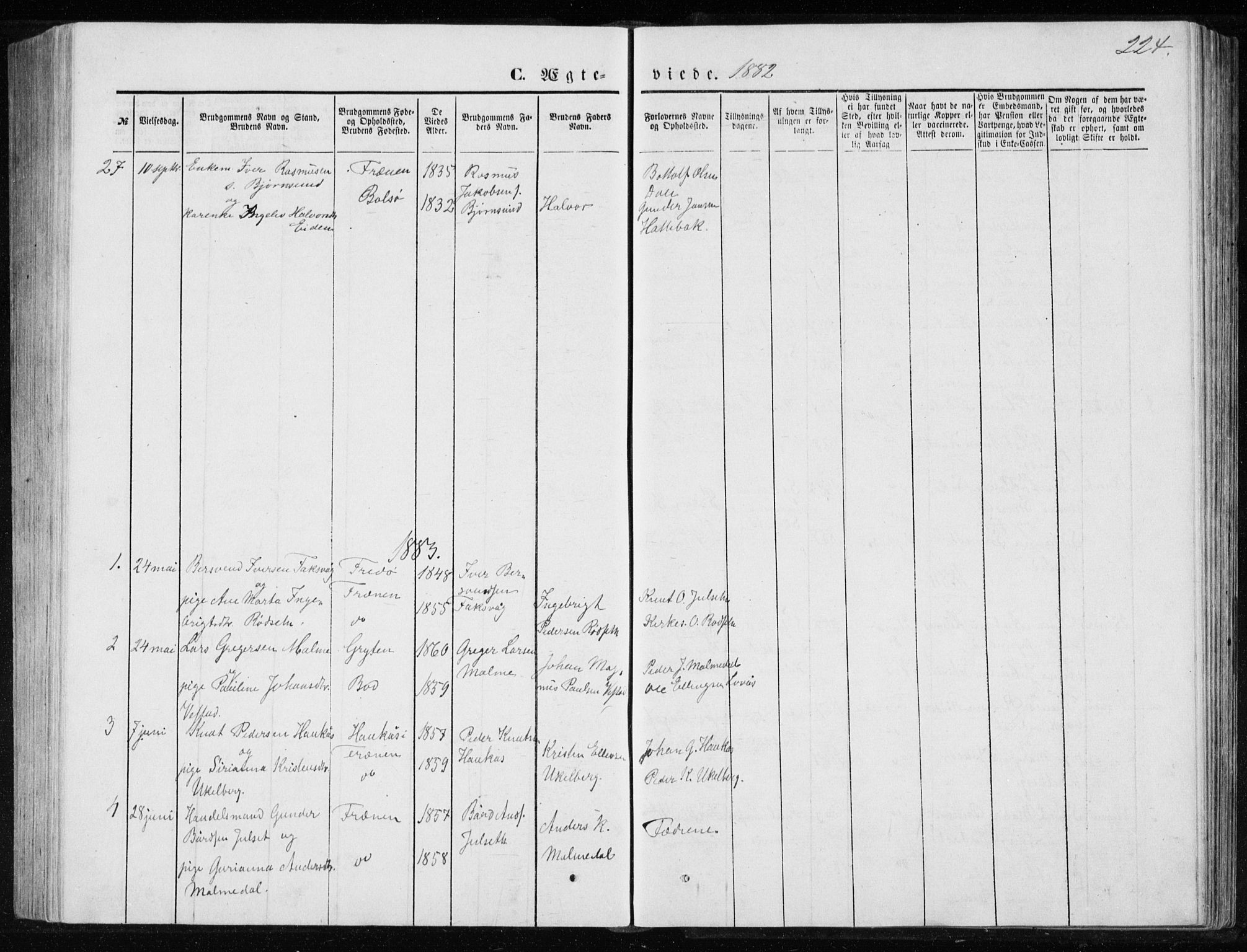 Ministerialprotokoller, klokkerbøker og fødselsregistre - Møre og Romsdal, AV/SAT-A-1454/565/L0754: Parish register (copy) no. 565C03, 1870-1896, p. 224