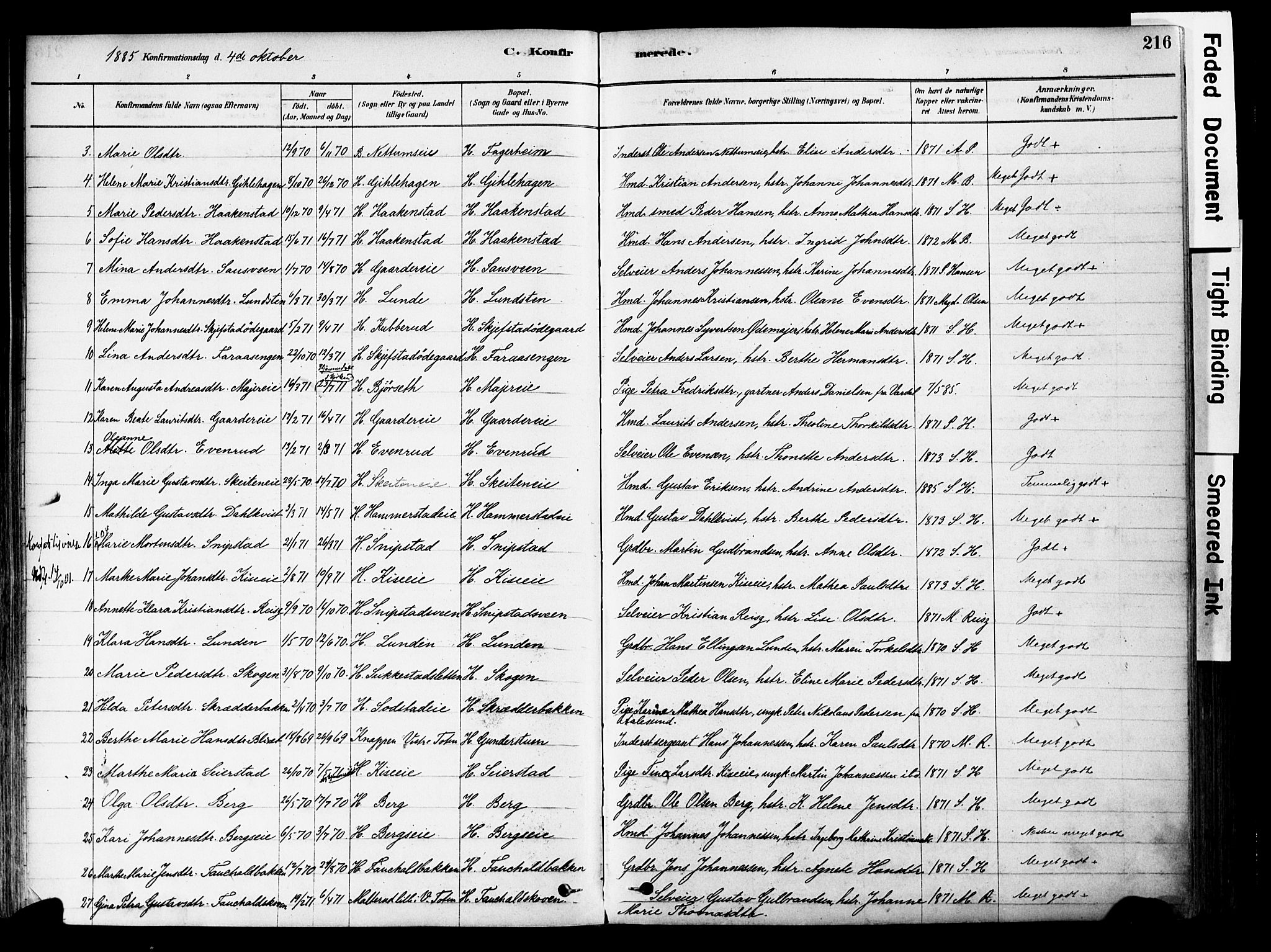 Østre Toten prestekontor, SAH/PREST-104/H/Ha/Haa/L0006: Parish register (official) no. 6 /1, 1878-1896, p. 216