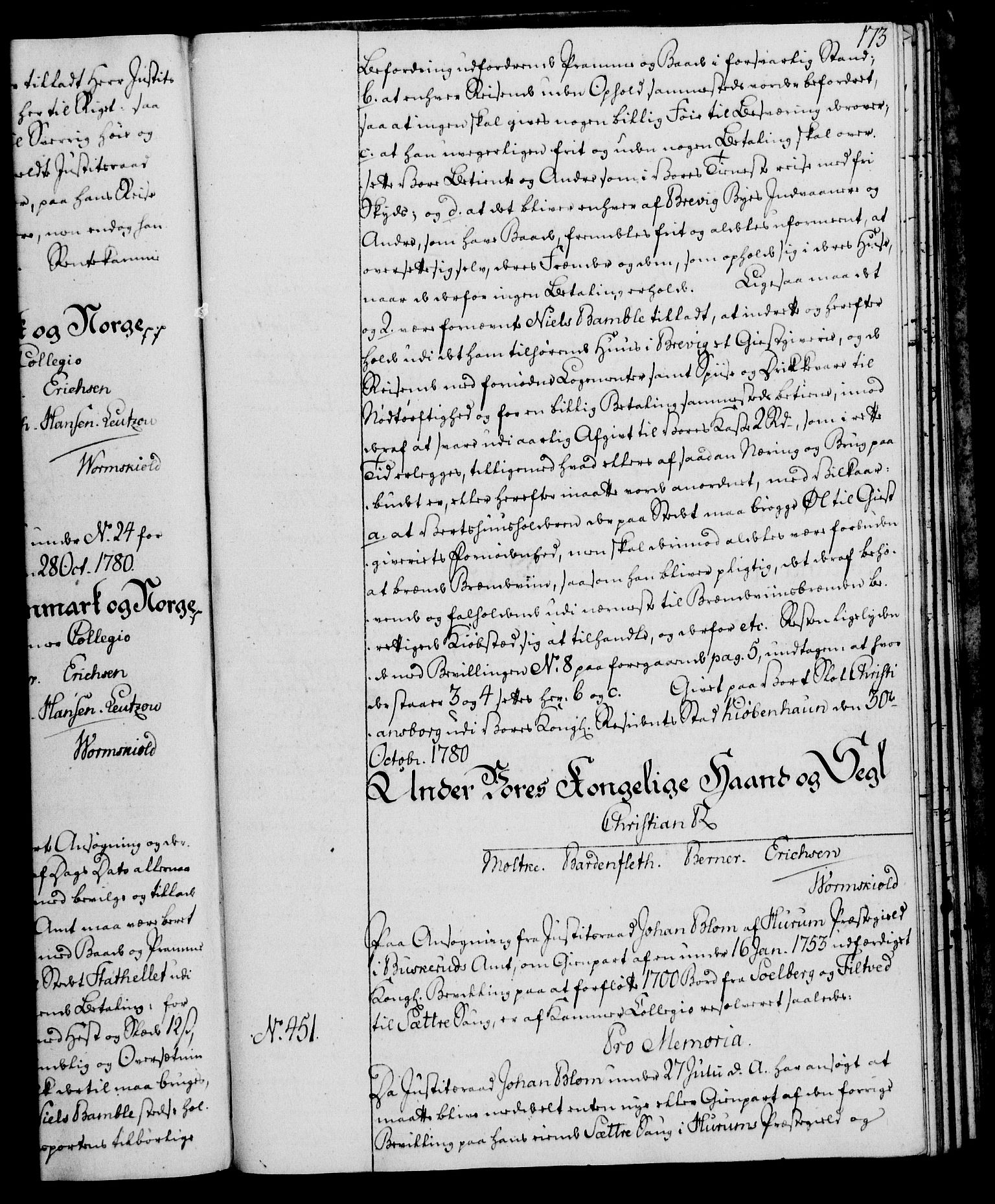 Rentekammeret, Kammerkanselliet, AV/RA-EA-3111/G/Gg/Gga/L0011: Norsk ekspedisjonsprotokoll med register (merket RK 53.11), 1779-1781, p. 173