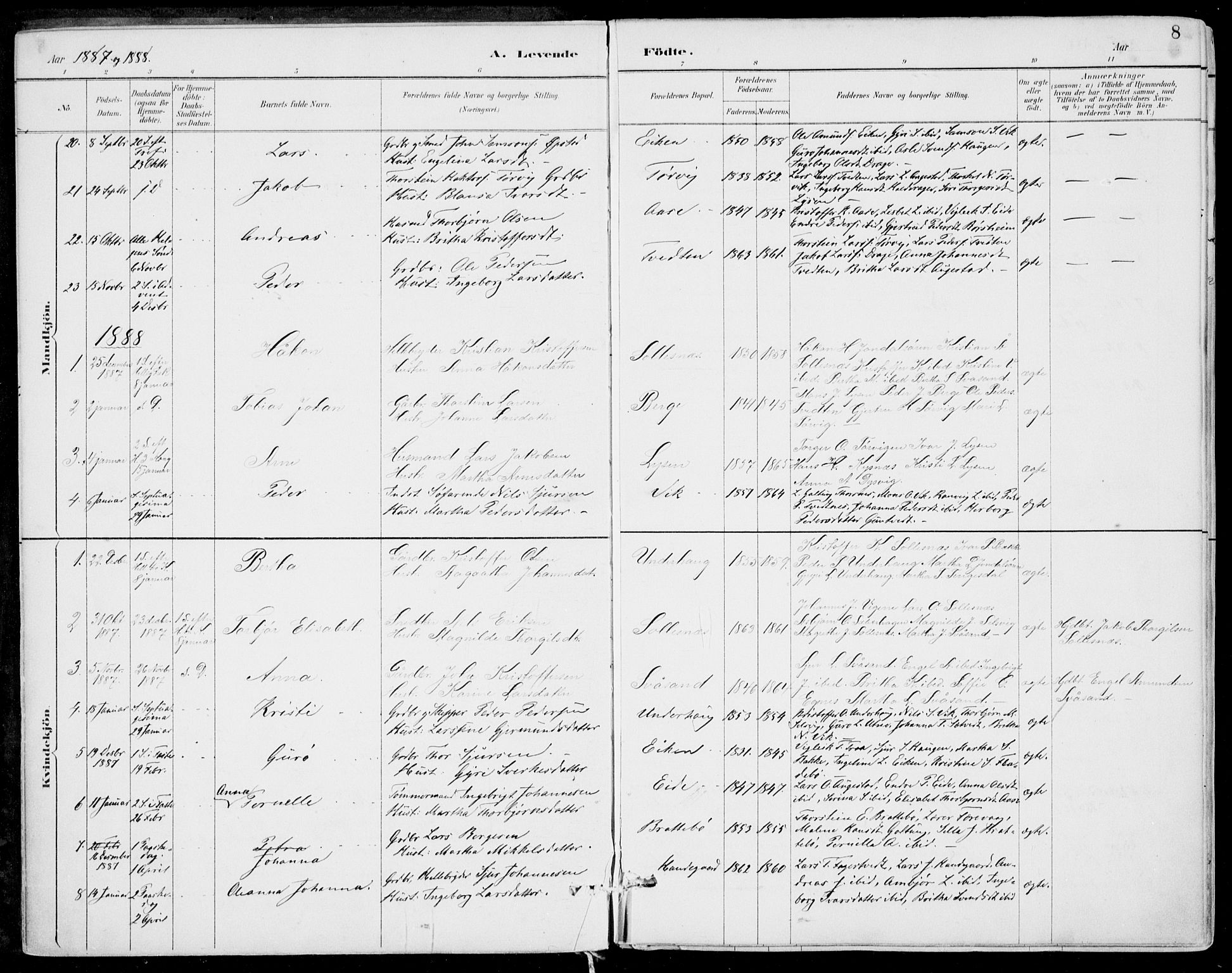 Strandebarm sokneprestembete, SAB/A-78401/H/Haa: Parish register (official) no. E  1, 1886-1908, p. 8