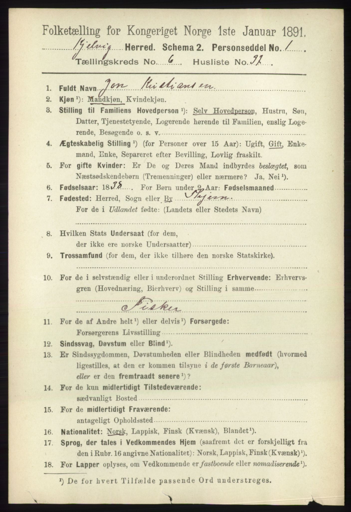 RA, 1891 census for 2019 Kjelvik, 1891, p. 838