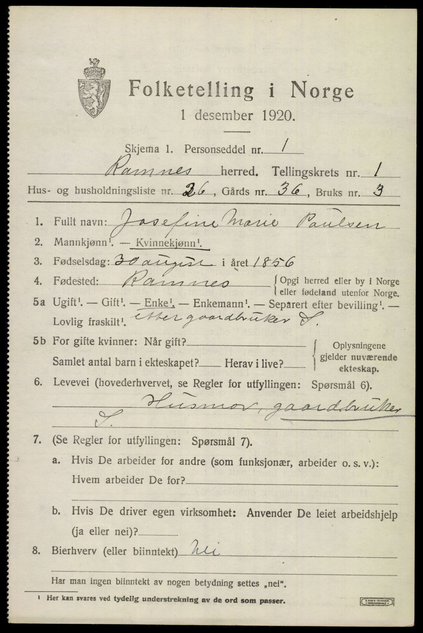 SAKO, 1920 census for Ramnes, 1920, p. 1454