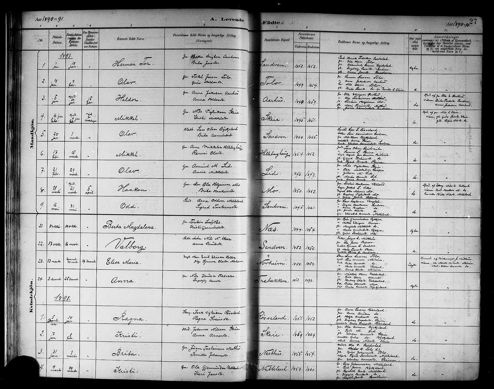 Kvam sokneprestembete, SAB/A-76201/H/Hab: Parish register (copy) no. B 3, 1884-1916, p. 27