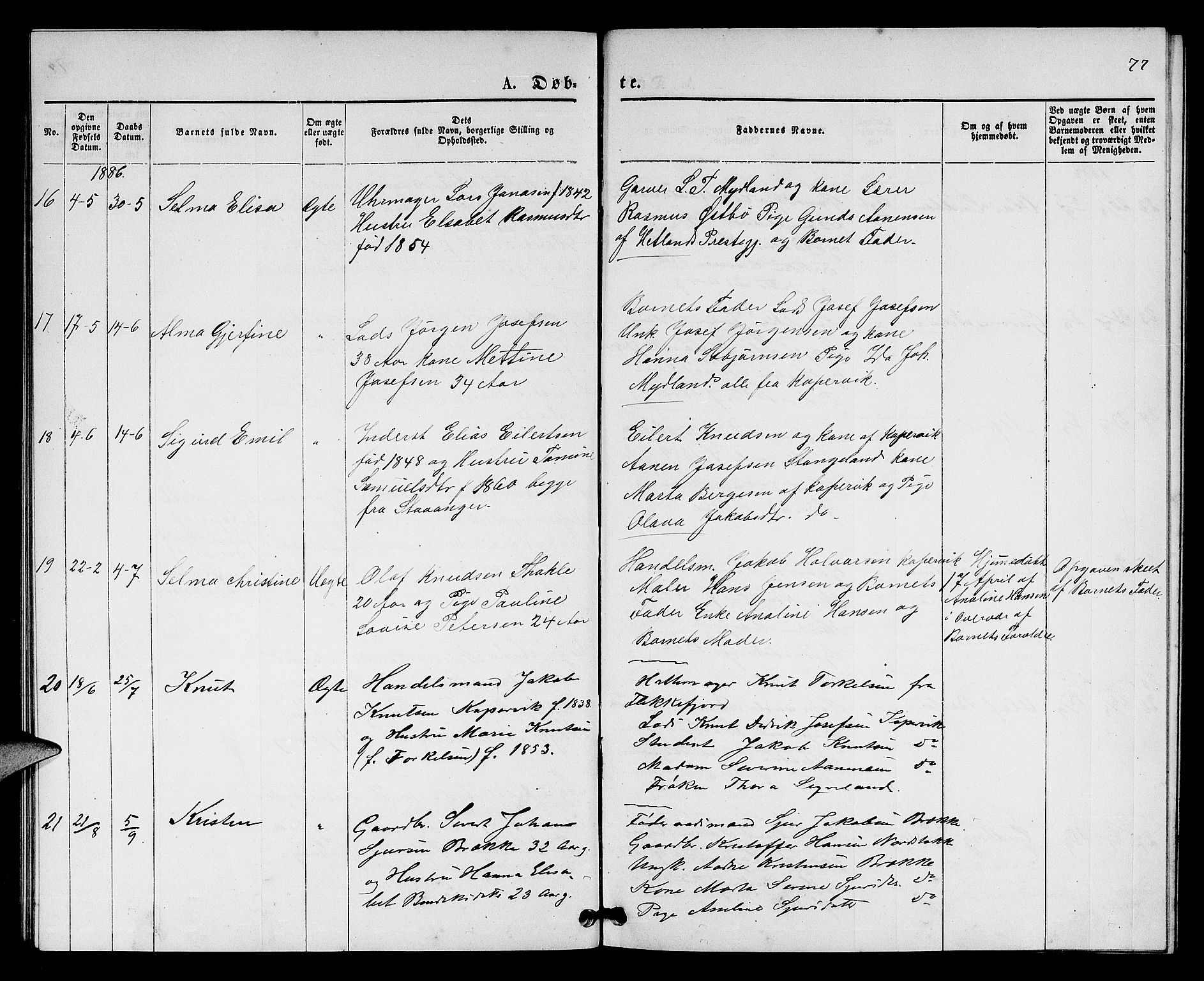 Kopervik sokneprestkontor, SAST/A-101850/H/Ha/Hab/L0001: Parish register (copy) no. B 1, 1877-1891, p. 77