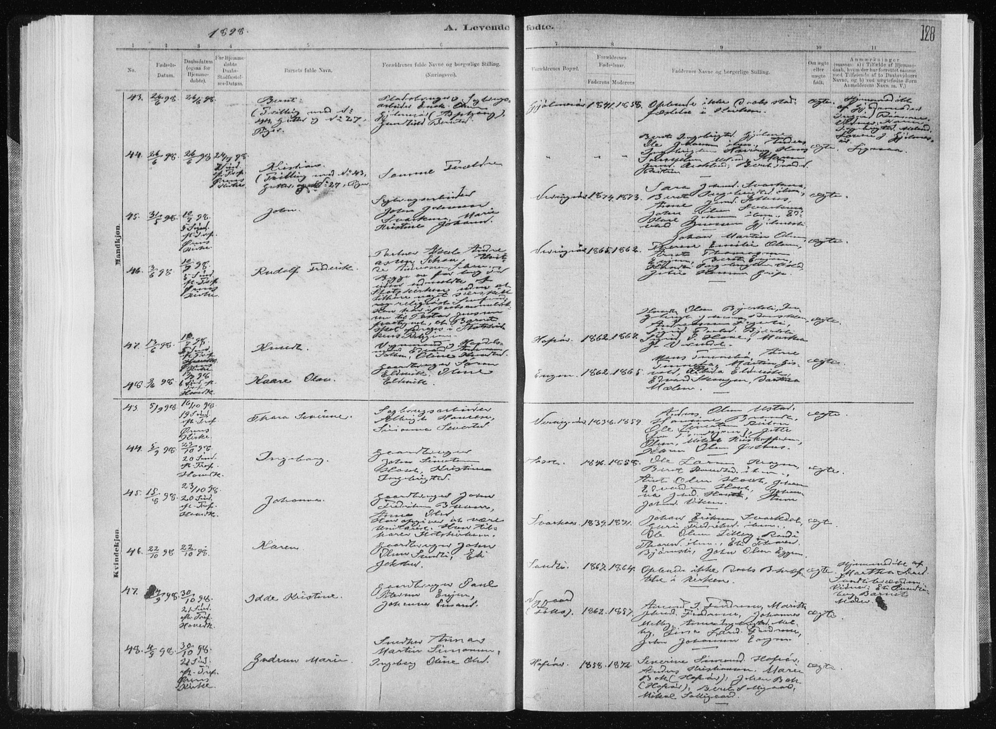 Ministerialprotokoller, klokkerbøker og fødselsregistre - Sør-Trøndelag, AV/SAT-A-1456/668/L0818: Parish register (copy) no. 668C07, 1885-1898, p. 128