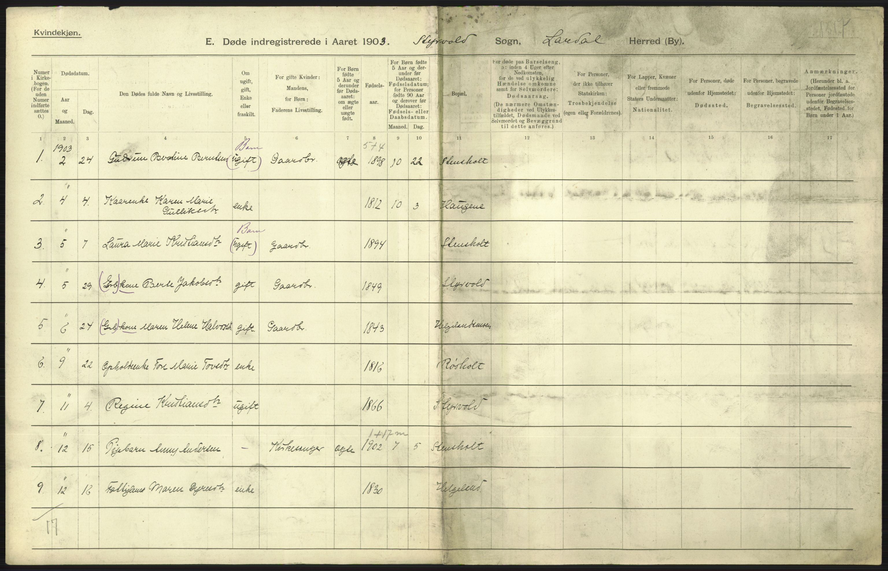 Statistisk sentralbyrå, Sosiodemografiske emner, Befolkning, AV/RA-S-2228/D/Df/Dfa/Dfaa/L0011: Lister og Mandal amt: Fødte, gifte, døde, 1903, p. 505