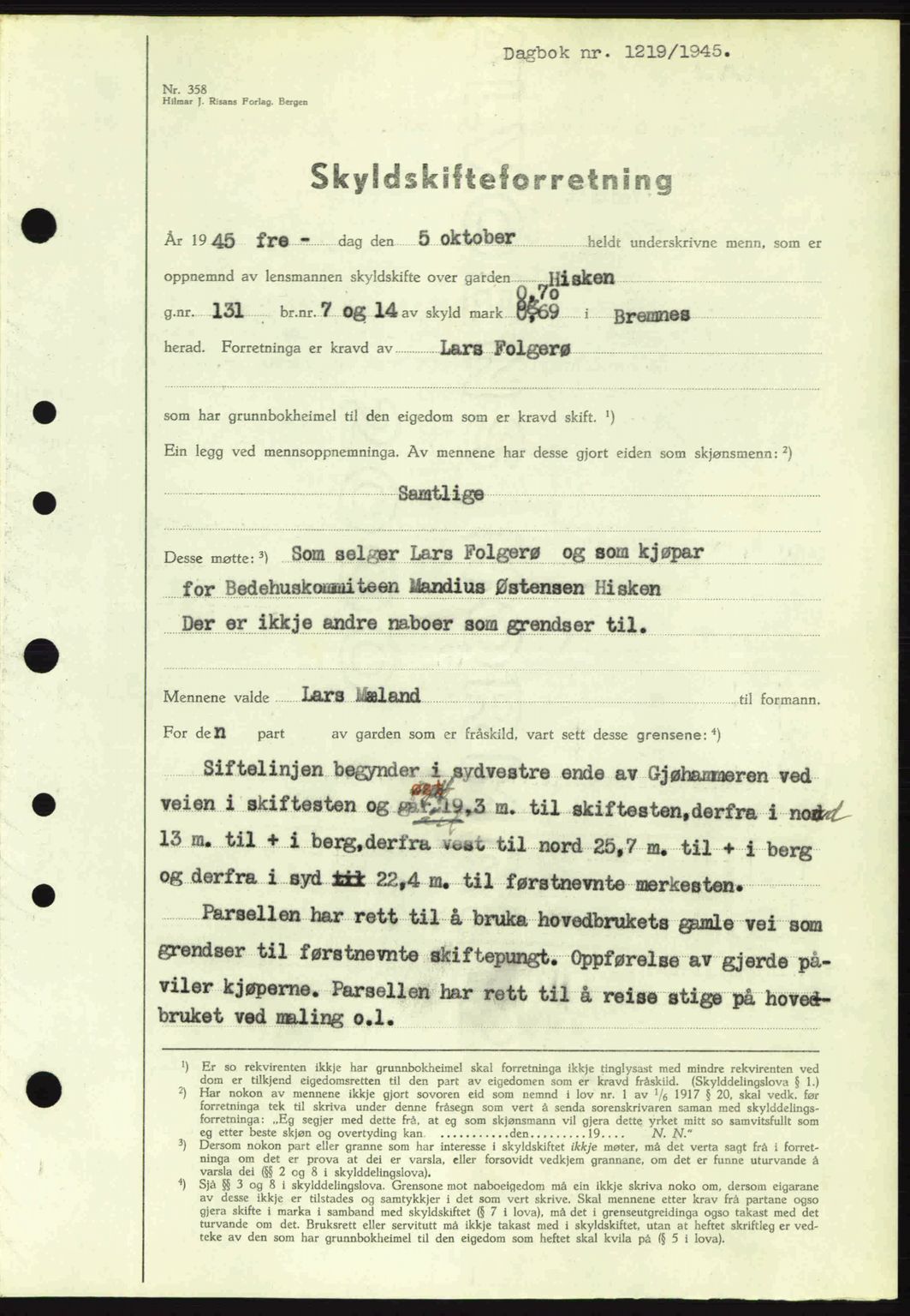 Sunnhordland sorenskrivar, AV/SAB-A-2401: Mortgage book no. A77, 1945-1945, Diary no: : 1219/1945