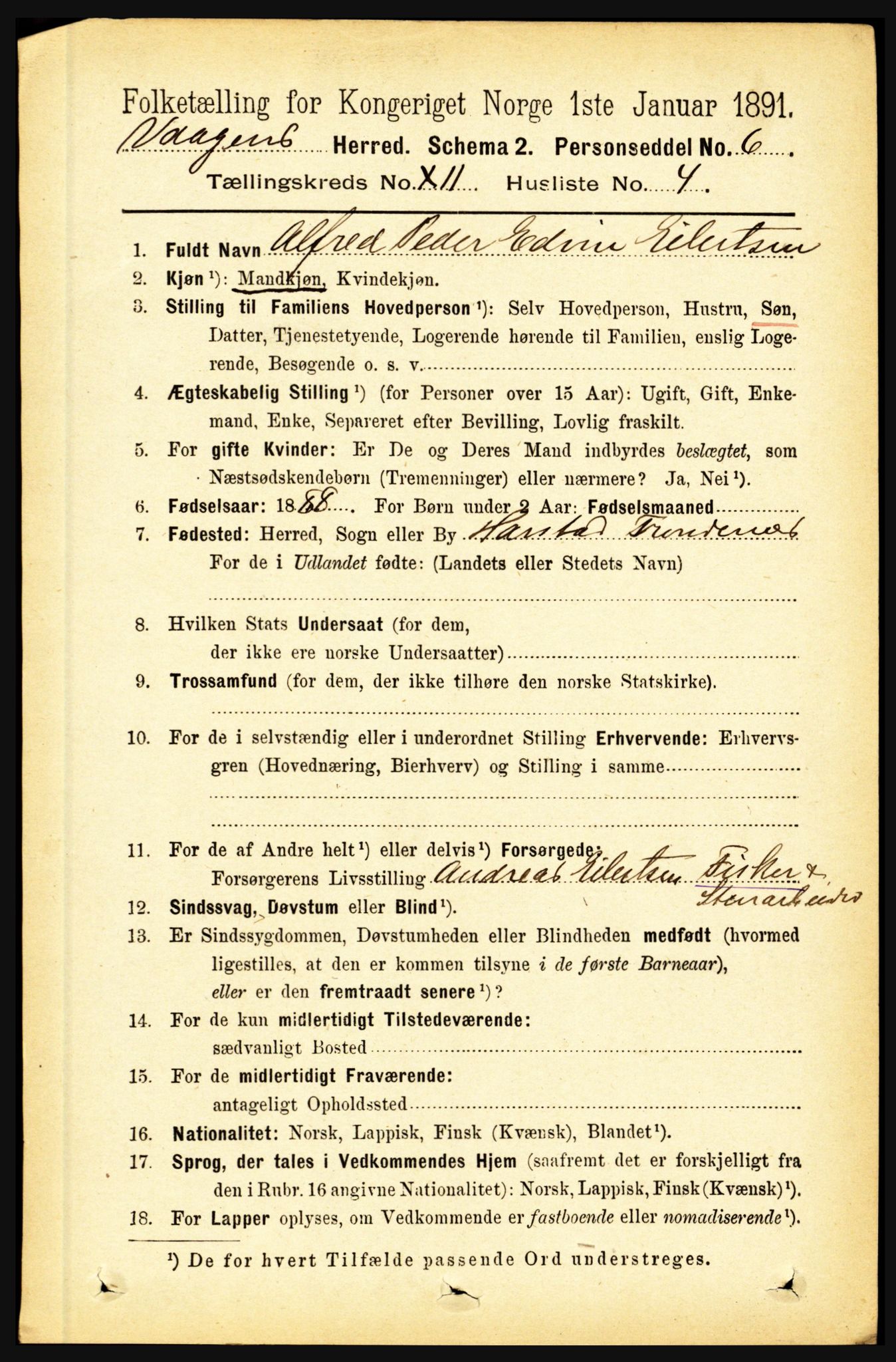 RA, 1891 census for 1865 Vågan, 1891, p. 2918