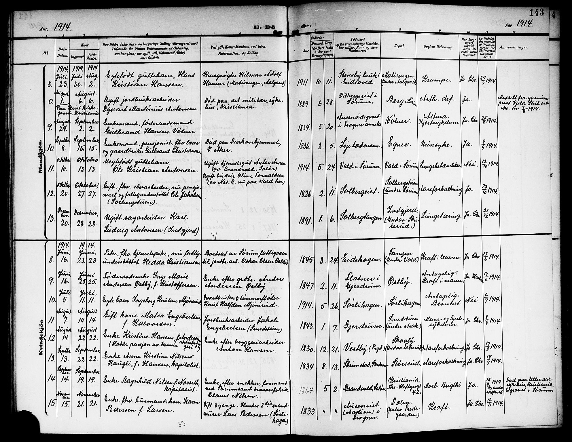 Sørum prestekontor Kirkebøker, SAO/A-10303/G/Ga/L0007: Parish register (copy) no. I 7, 1907-1917, p. 143