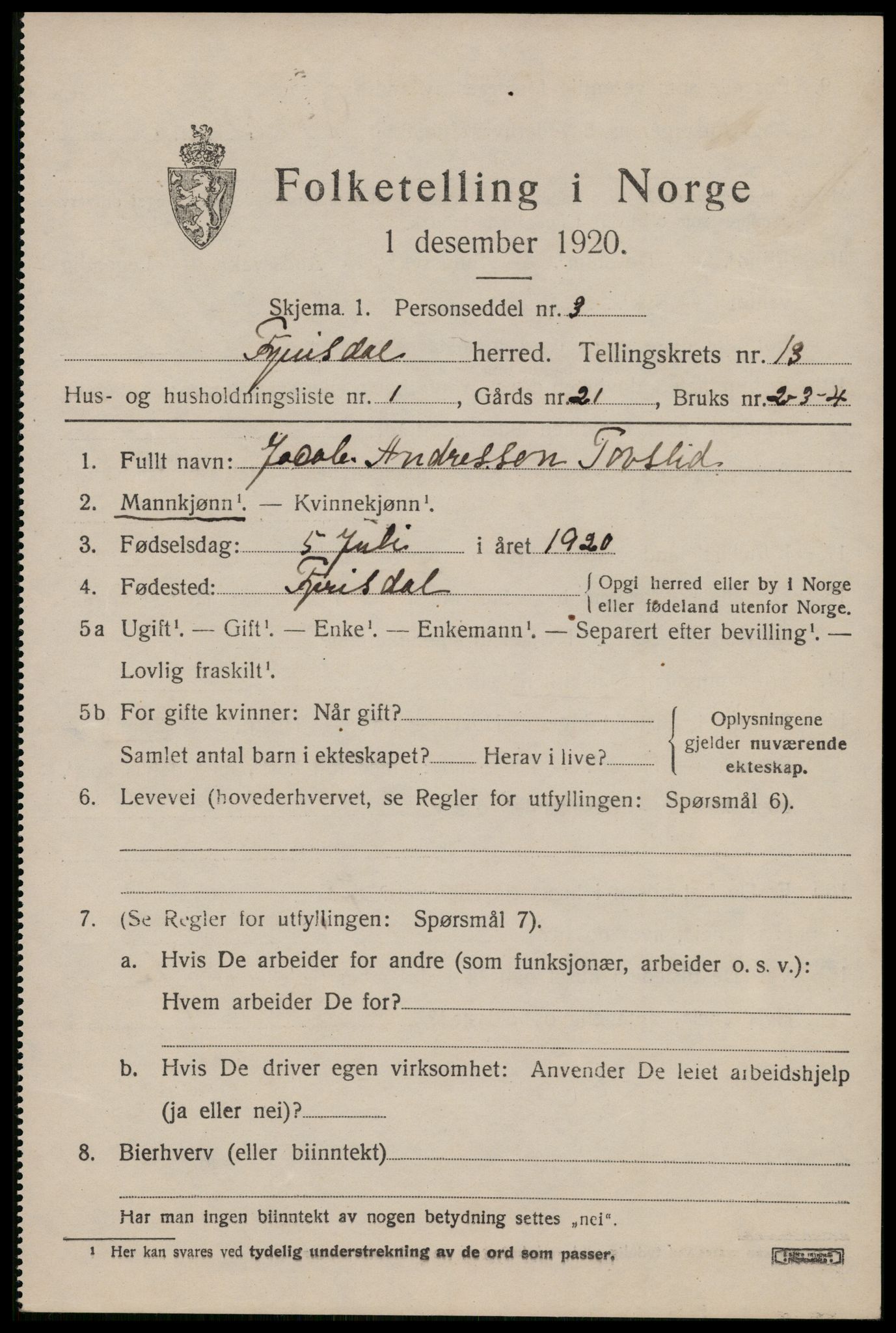 SAKO, 1920 census for Fyresdal, 1920, p. 4267