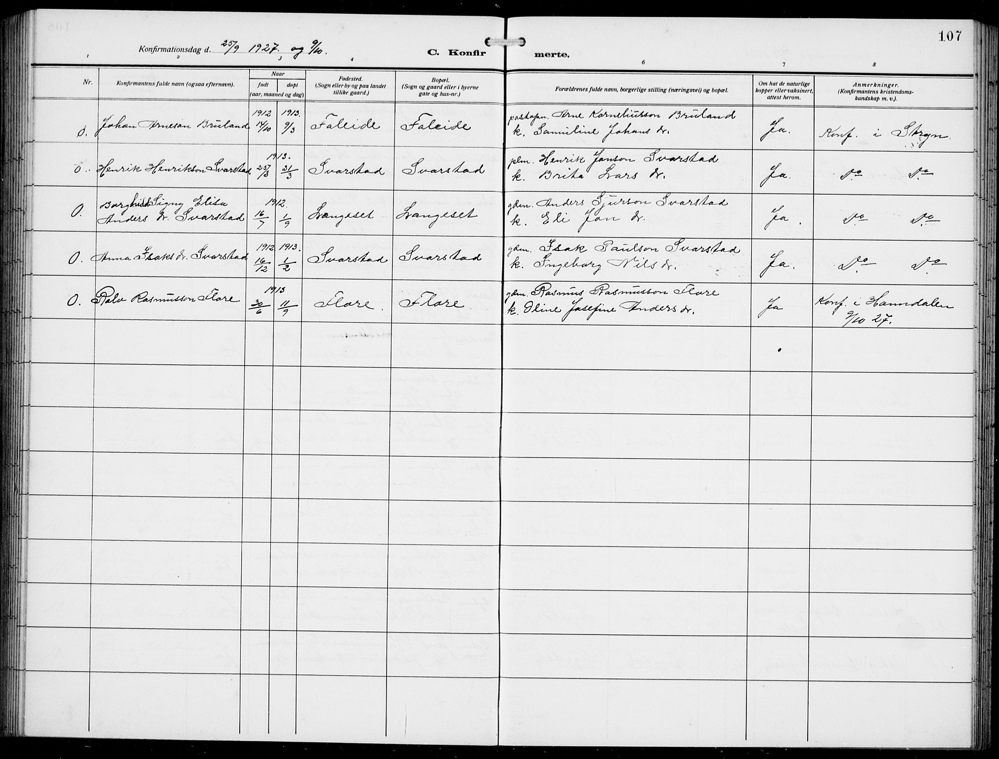 Innvik sokneprestembete, AV/SAB-A-80501: Parish register (copy) no. A 4, 1913-1936, p. 107