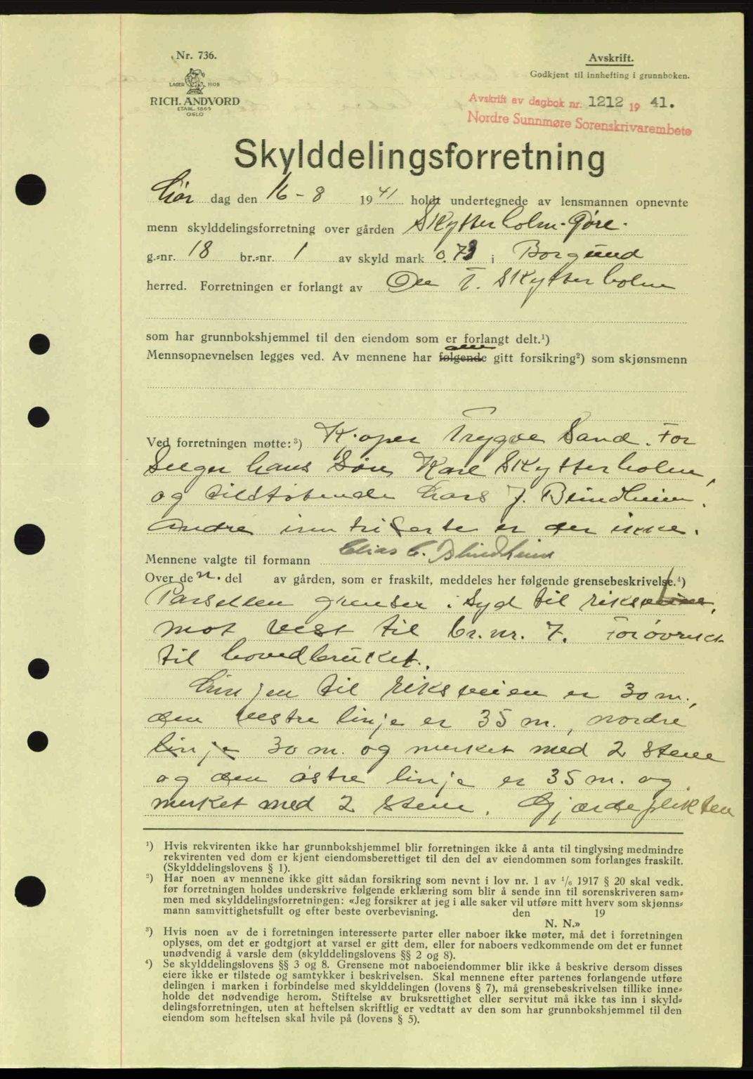 Nordre Sunnmøre sorenskriveri, AV/SAT-A-0006/1/2/2C/2Ca: Mortgage book no. A11, 1941-1941, Diary no: : 1212/1941