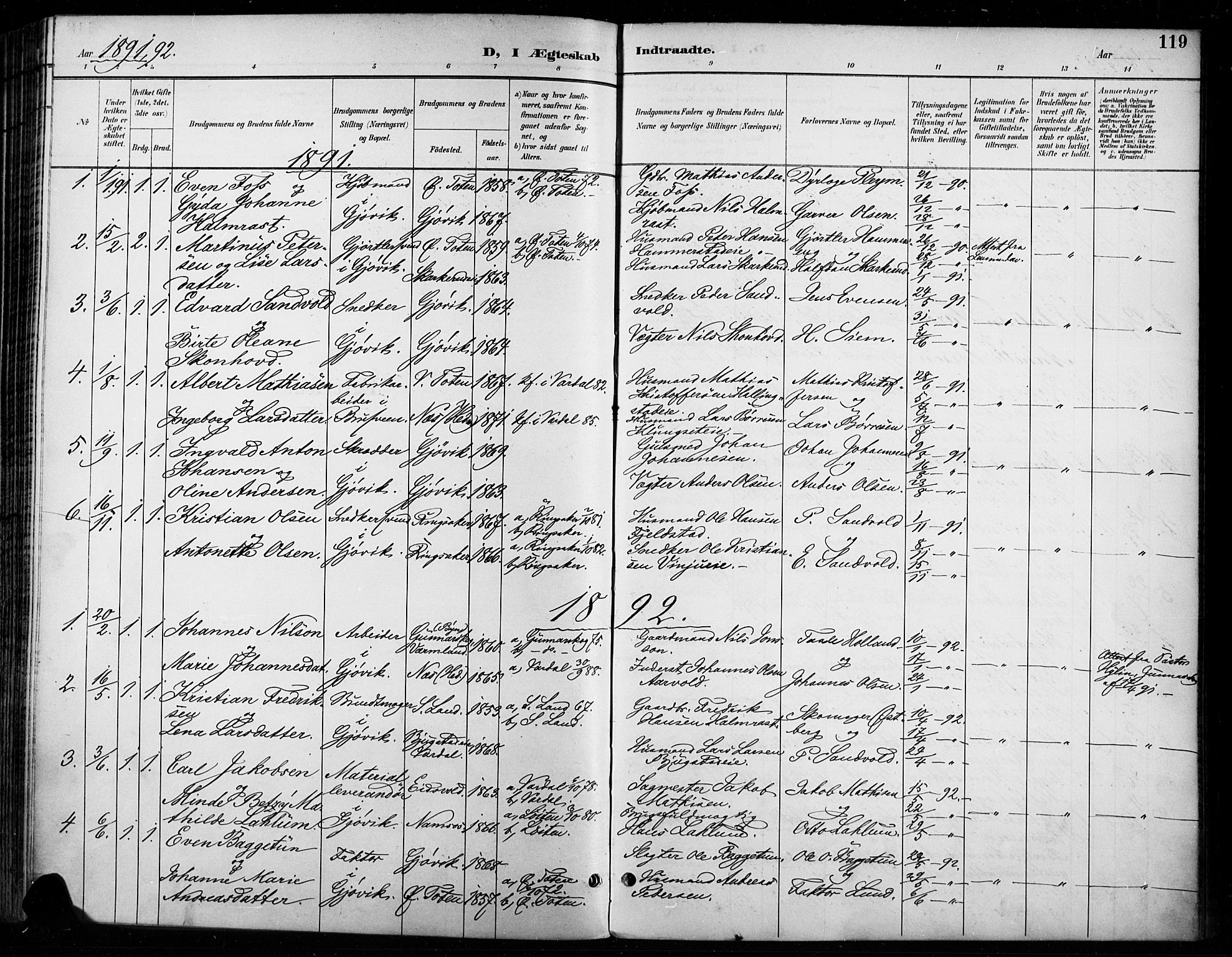 Vardal prestekontor, SAH/PREST-100/H/Ha/Haa/L0011: Parish register (official) no. 11, 1891-1901, p. 119