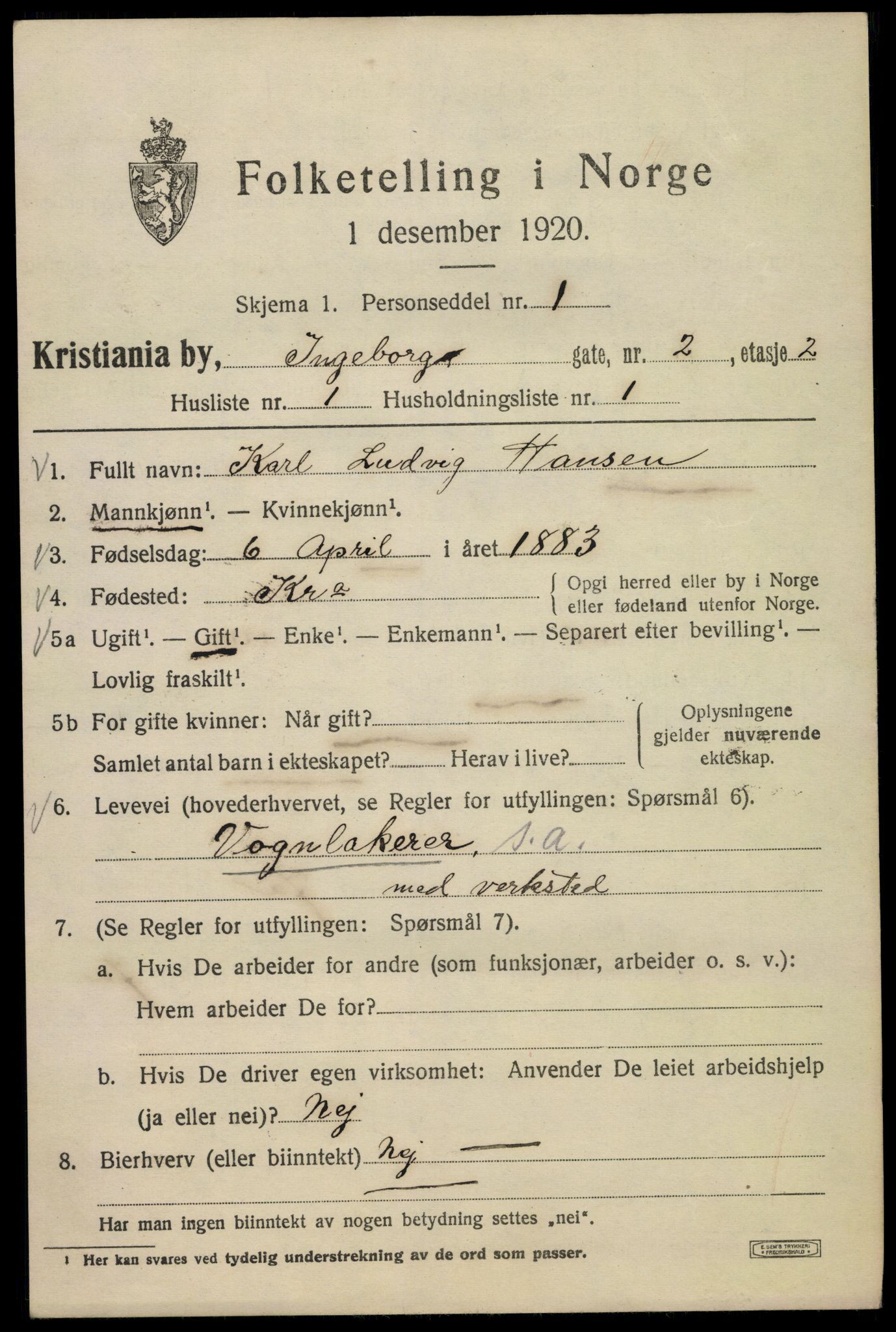 SAO, 1920 census for Kristiania, 1920, p. 309263