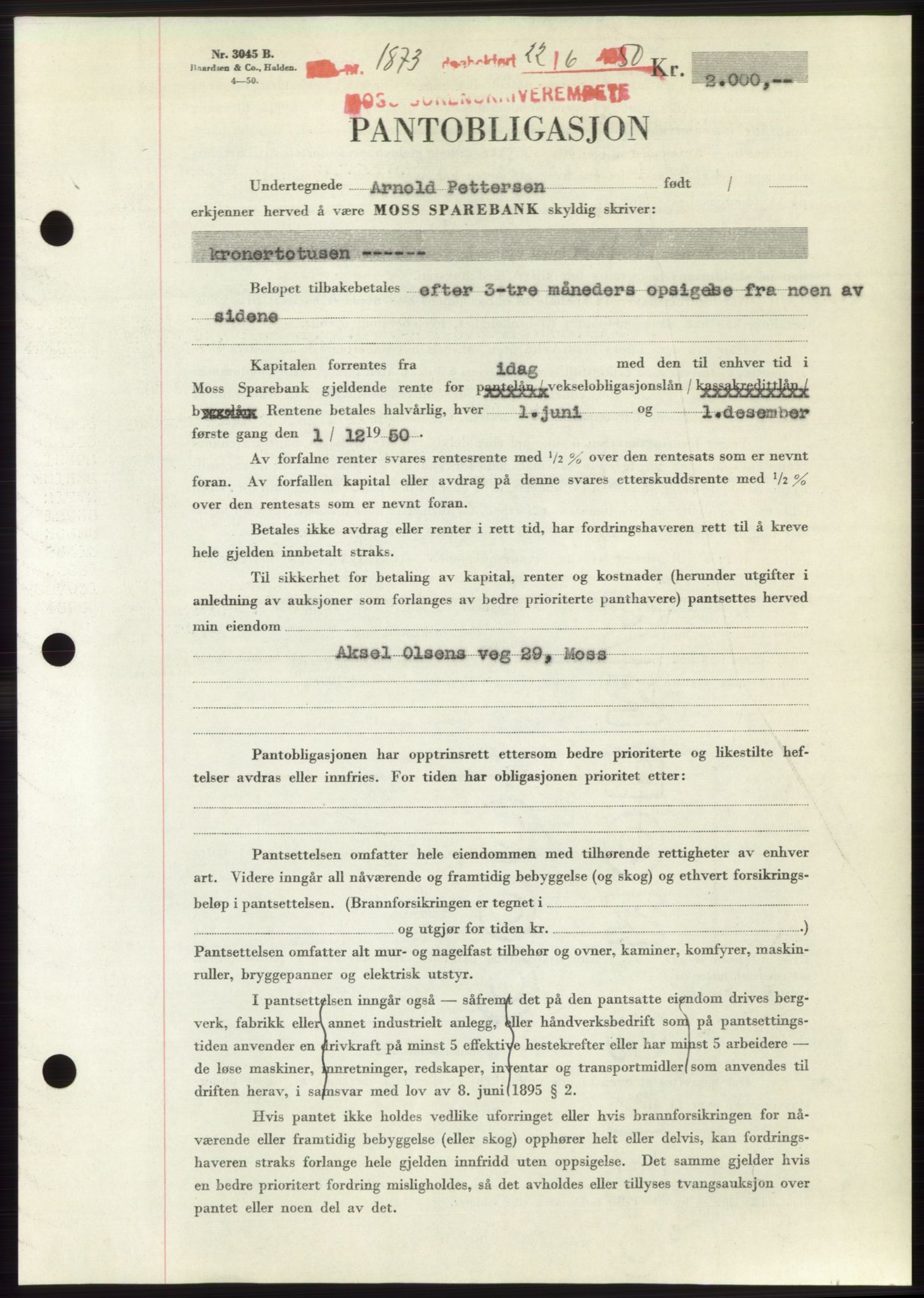 Moss sorenskriveri, AV/SAO-A-10168: Mortgage book no. B24, 1950-1950, Diary no: : 1873/1950