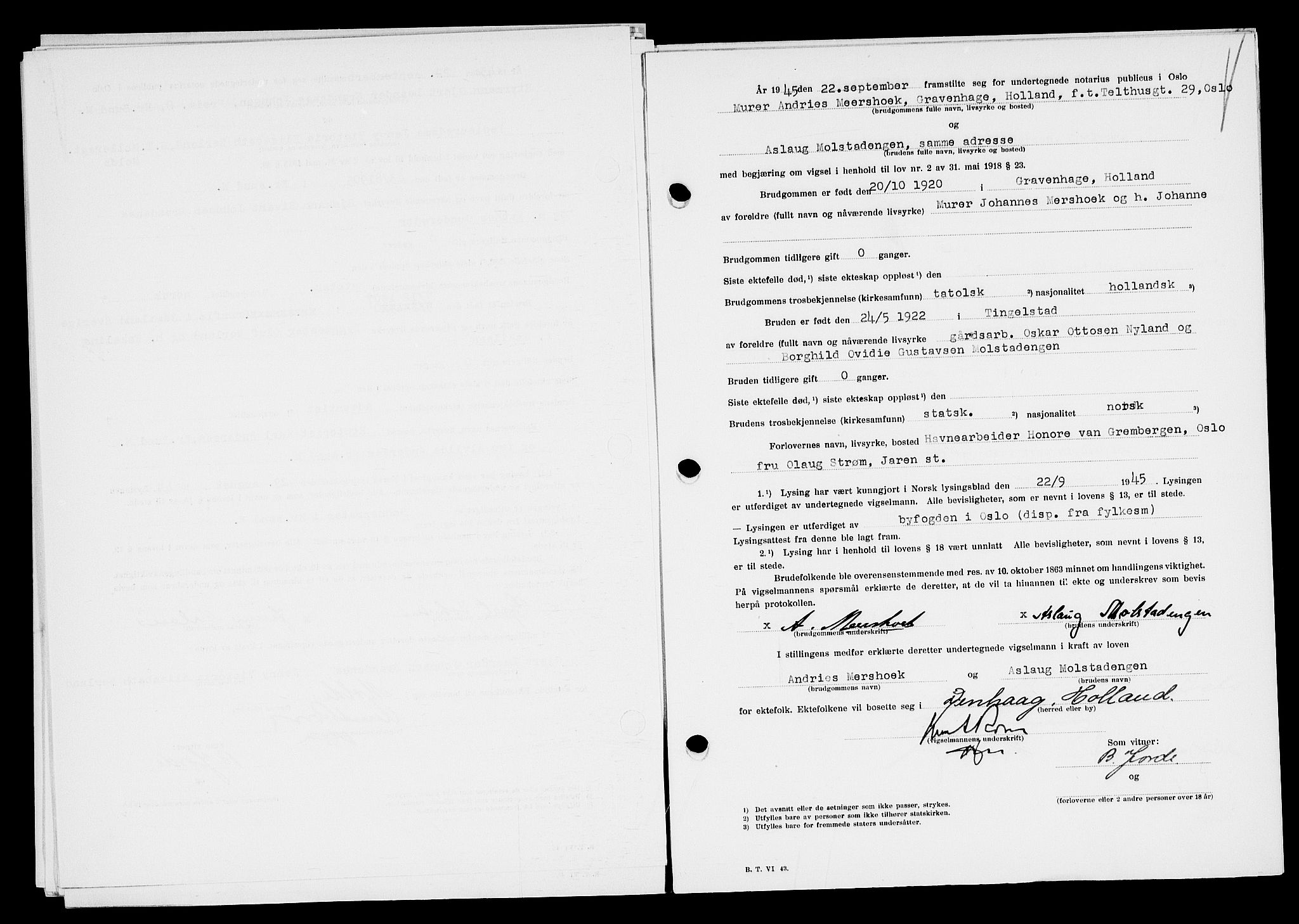 Oslo byfogd avd. I, SAO/A-10220/L/Lb/Lbb/L0054: Notarialprotokoll, rekke II: Vigsler, 1945