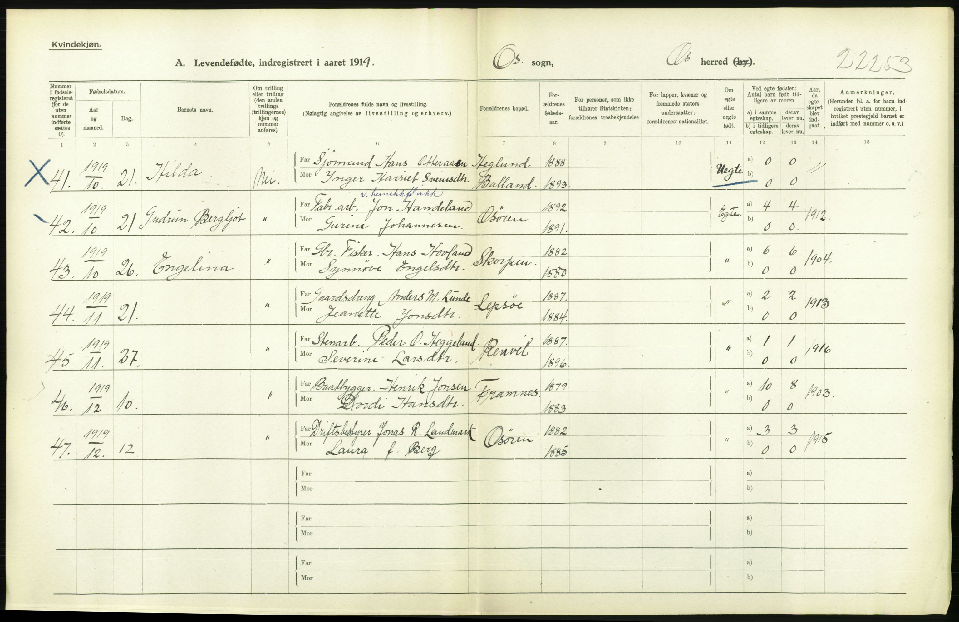 Statistisk sentralbyrå, Sosiodemografiske emner, Befolkning, RA/S-2228/D/Df/Dfb/Dfbi/L0031: Hordaland fylke: Levendefødte menn og kvinner. Bygder., 1919, p. 132