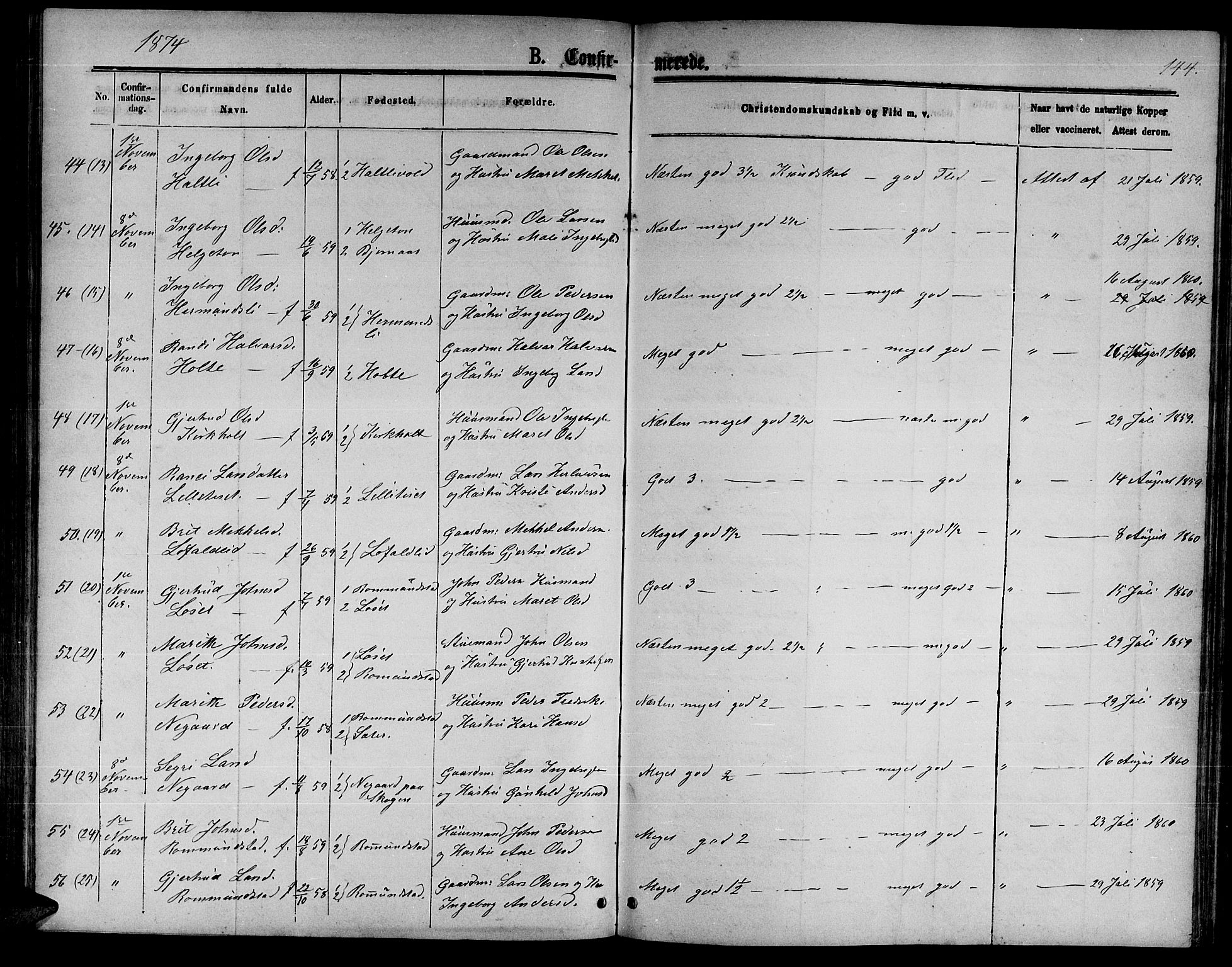 Ministerialprotokoller, klokkerbøker og fødselsregistre - Møre og Romsdal, AV/SAT-A-1454/598/L1076: Parish register (copy) no. 598C01, 1867-1878, p. 144