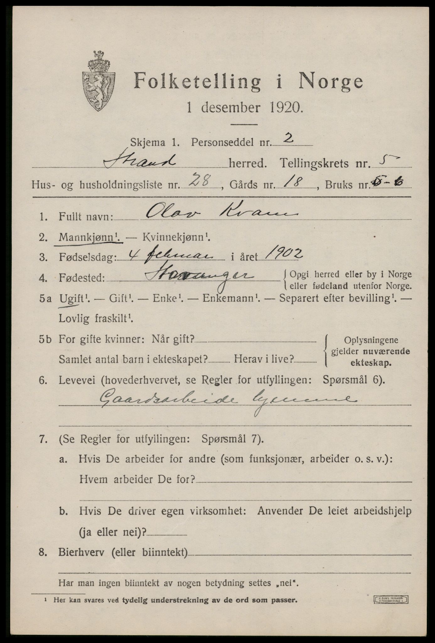 SAST, 1920 census for Strand, 1920, p. 3998