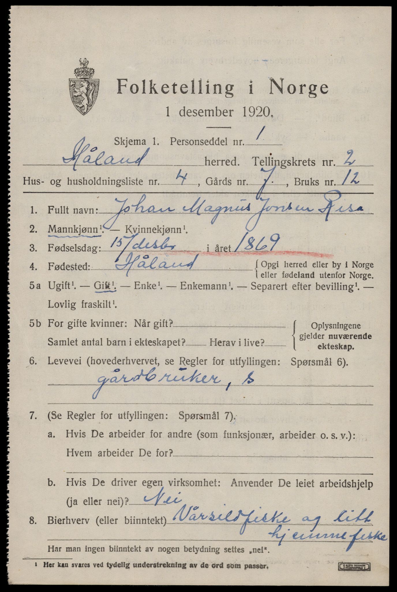 SAST, 1920 census for Håland, 1920, p. 2629