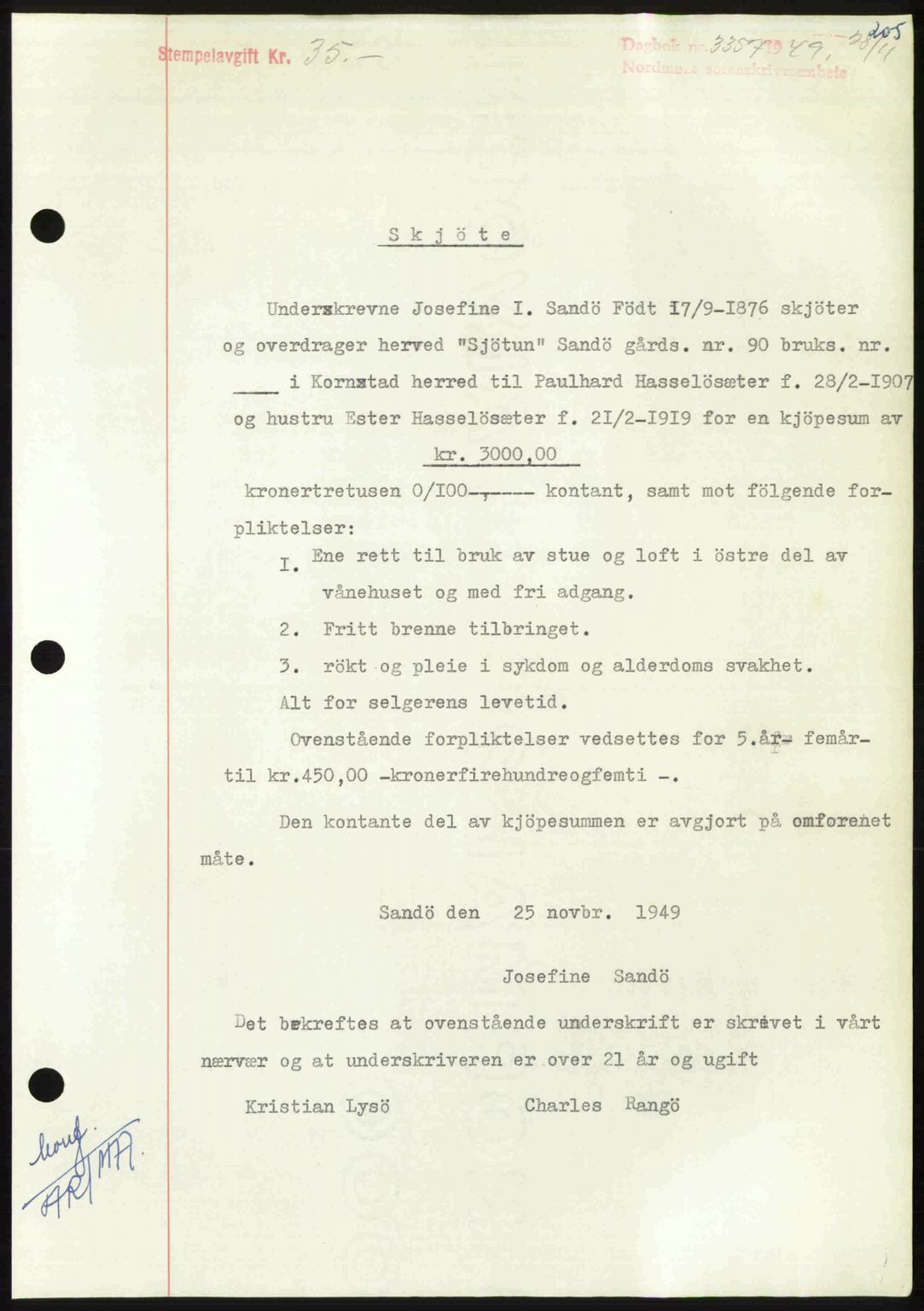 Nordmøre sorenskriveri, AV/SAT-A-4132/1/2/2Ca: Mortgage book no. A113, 1949-1950, Diary no: : 3357/1949