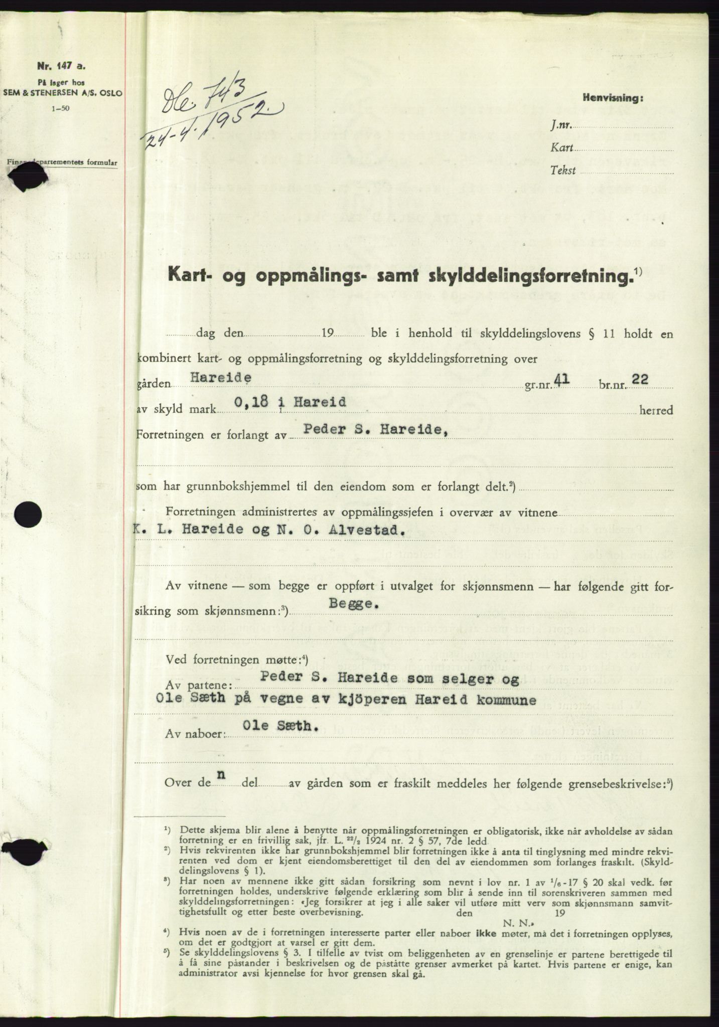 Søre Sunnmøre sorenskriveri, AV/SAT-A-4122/1/2/2C/L0092: Mortgage book no. 18A, 1952-1952, Diary no: : 743/1952