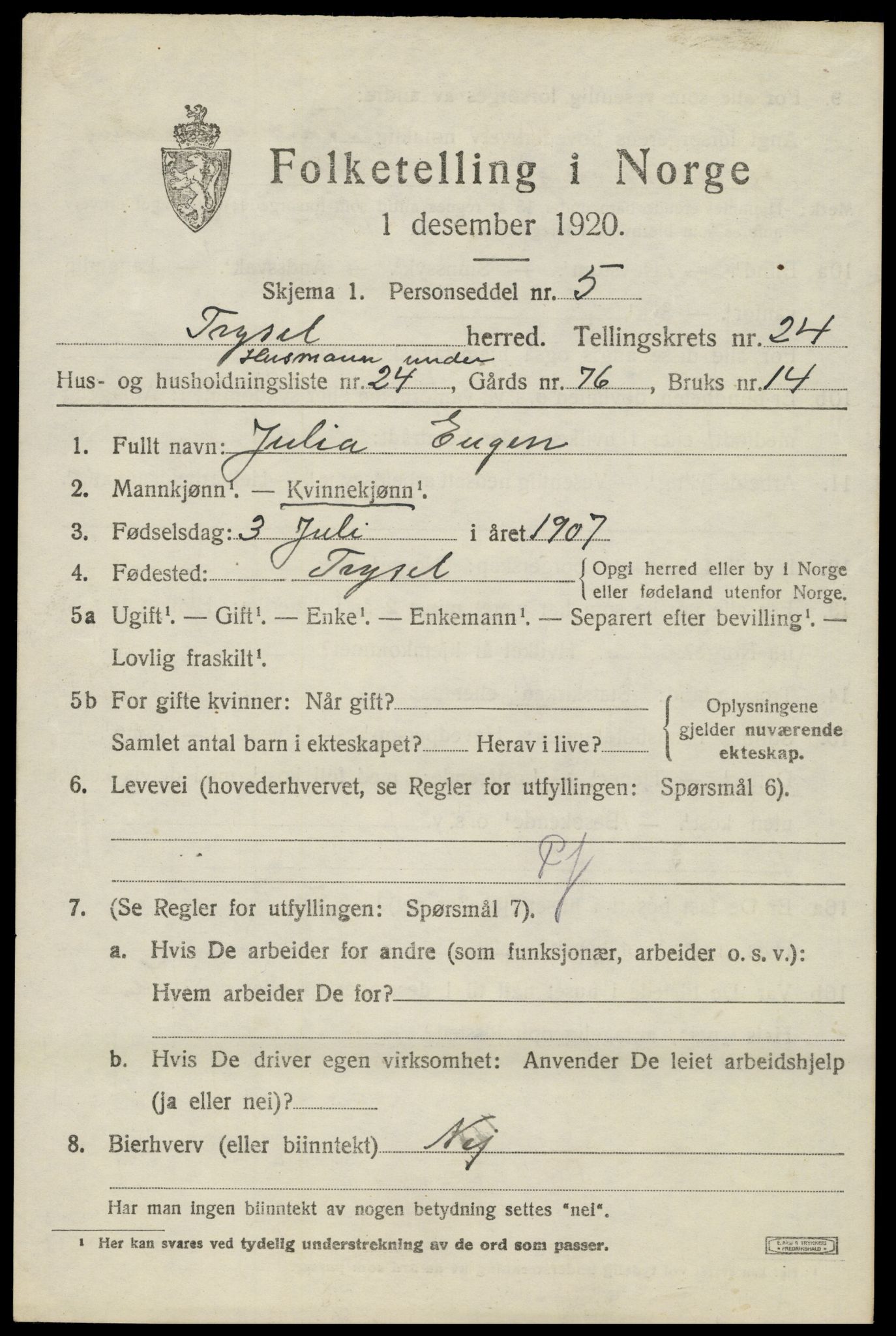 SAH, 1920 census for Trysil, 1920, p. 15511