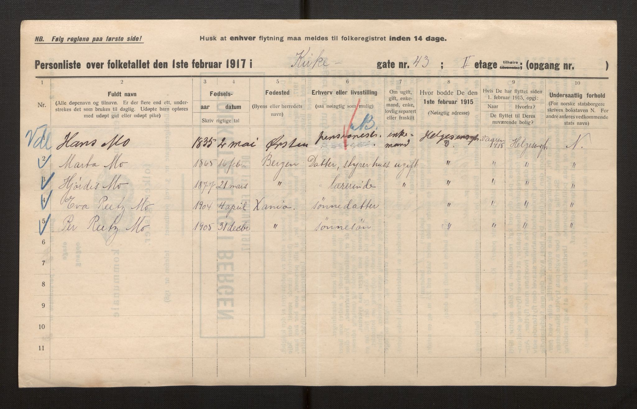 SAB, Municipal Census 1917 for Bergen, 1917, p. 17642