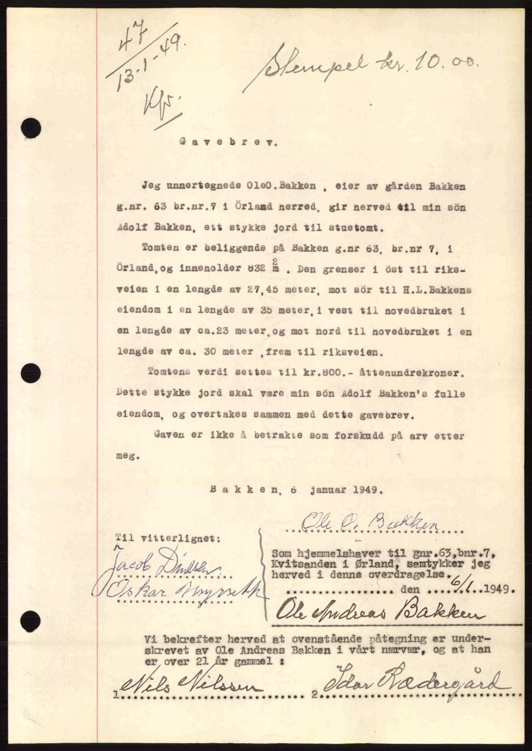 Fosen sorenskriveri, AV/SAT-A-1107/1/2/2C: Mortgage book no. A9, 1948-1949, Diary no: : 47/1949