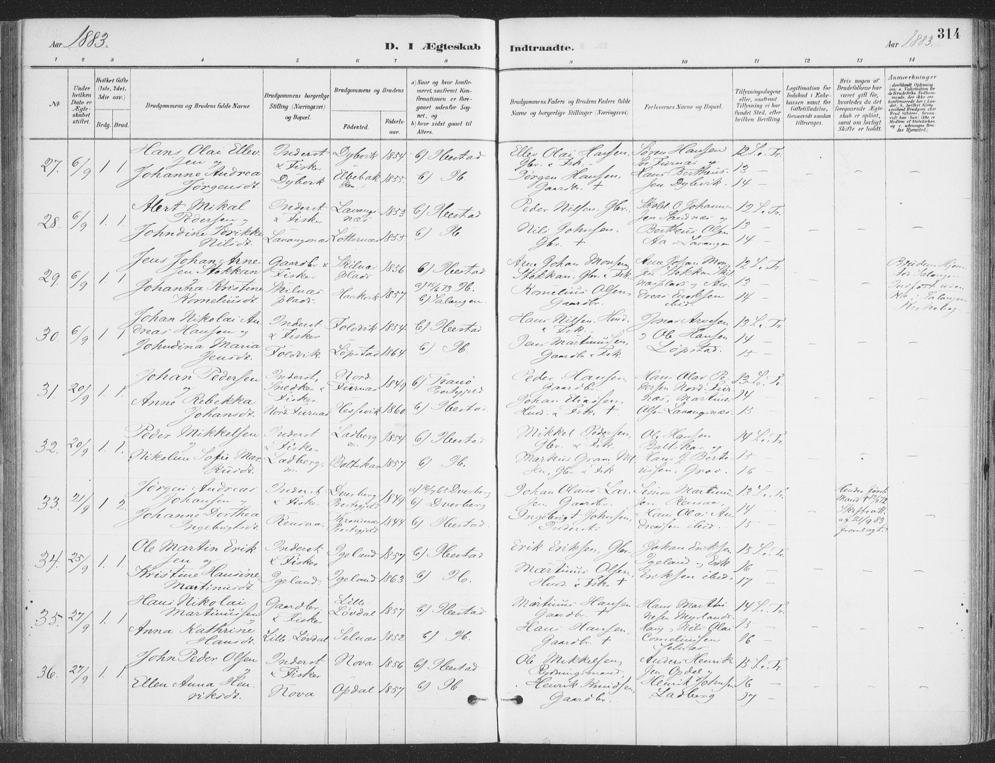 Ibestad sokneprestembete, SATØ/S-0077/H/Ha/Haa/L0011kirke: Parish register (official) no. 11, 1880-1889, p. 314