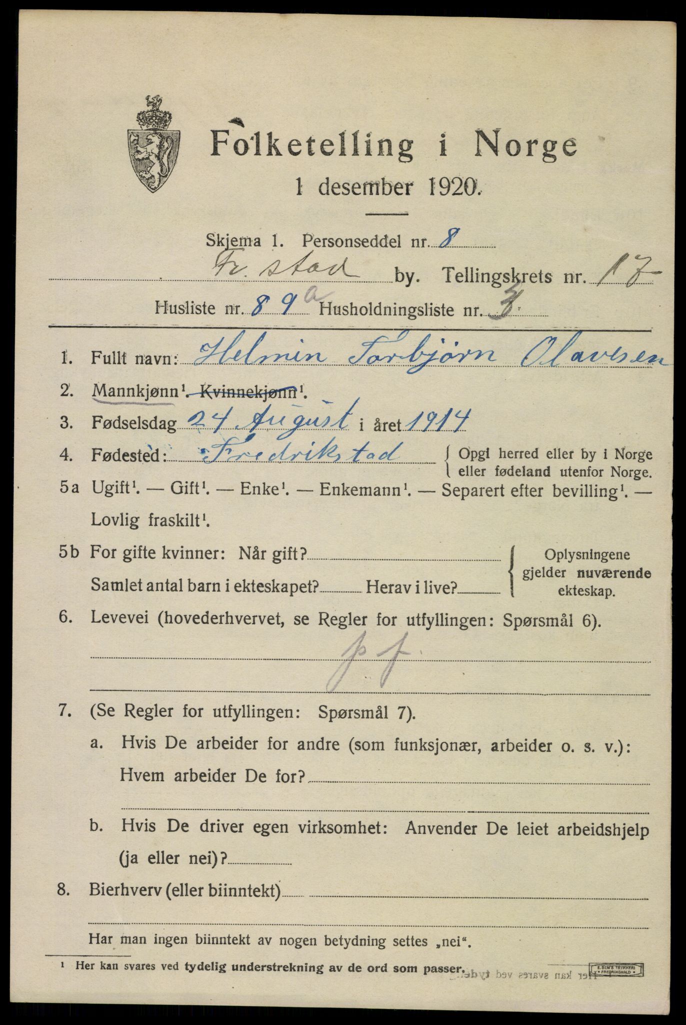 SAO, 1920 census for Fredrikstad, 1920, p. 40711