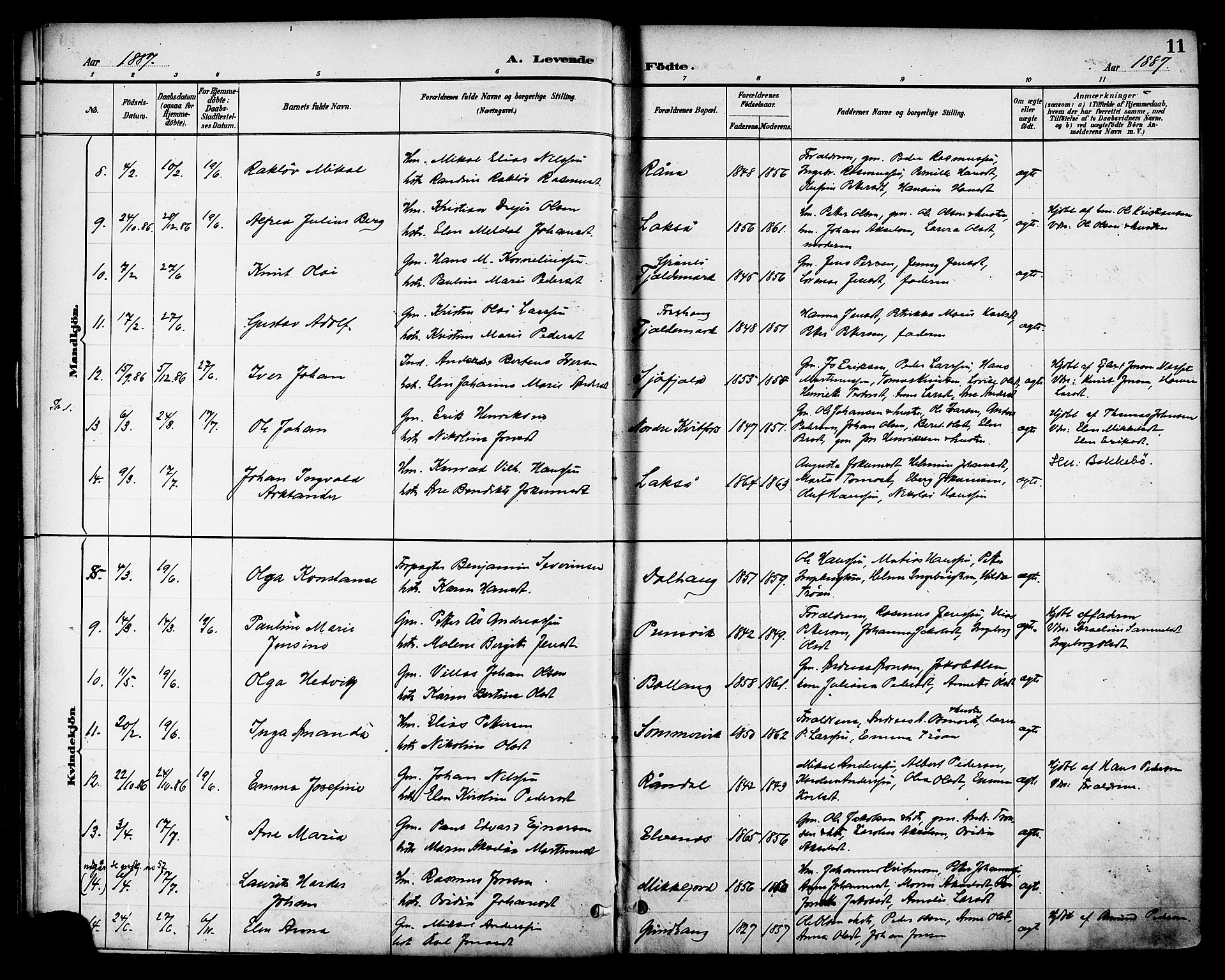 Ministerialprotokoller, klokkerbøker og fødselsregistre - Nordland, AV/SAT-A-1459/863/L0898: Parish register (official) no. 863A10, 1886-1897, p. 11