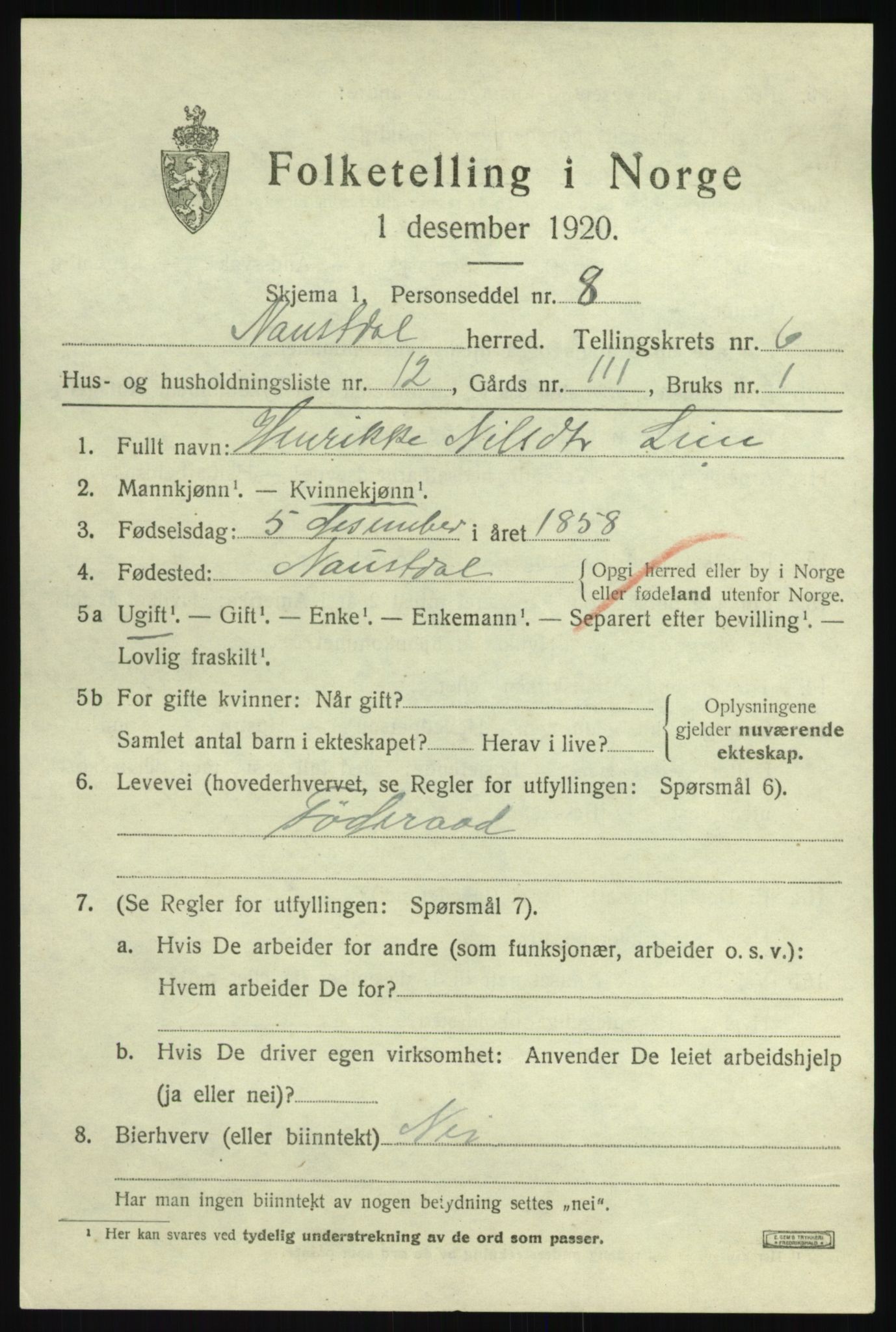 SAB, 1920 census for Naustdal, 1920, p. 3821