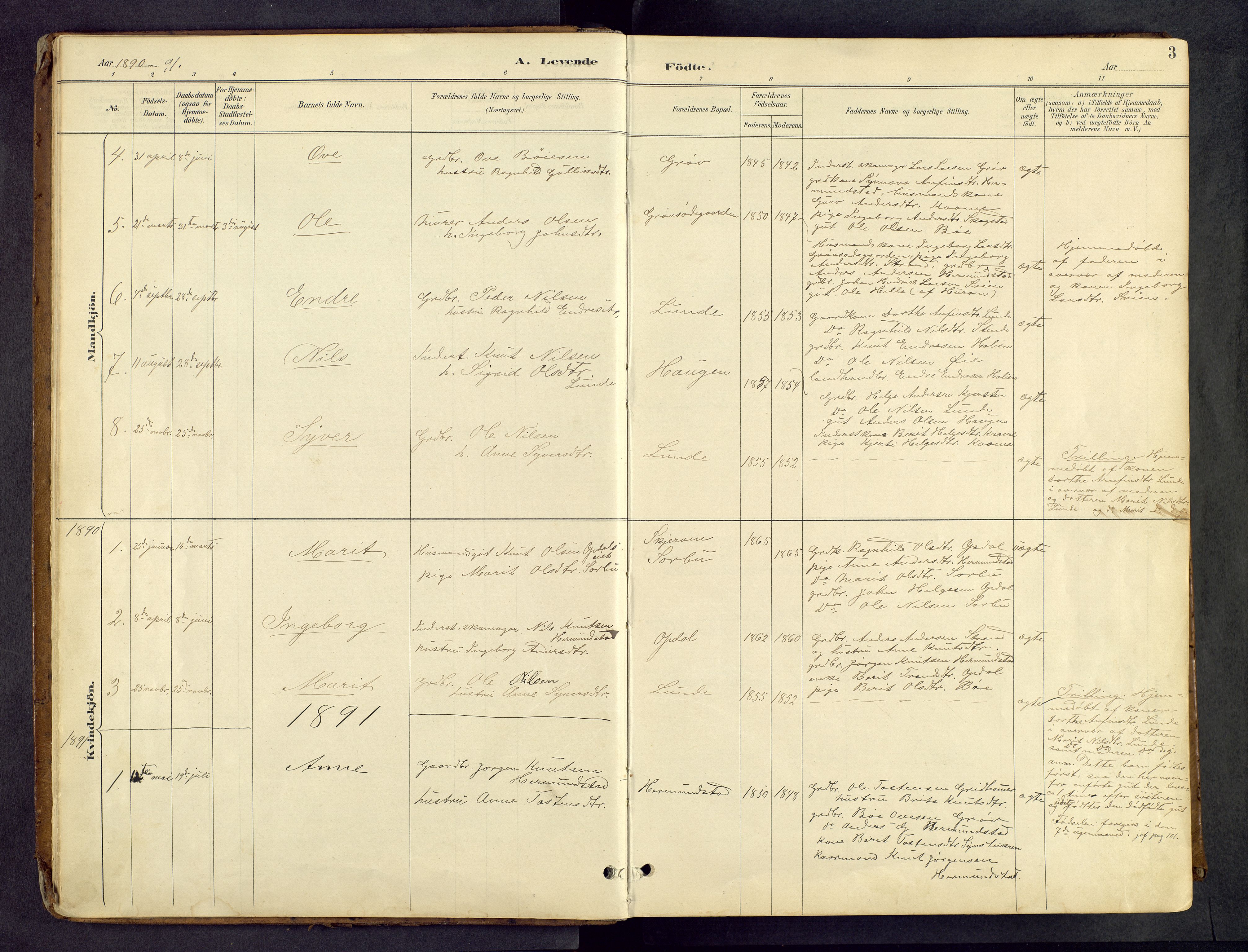 Vang prestekontor, Valdres, SAH/PREST-140/H/Hb/L0005: Parish register (copy) no. 5, 1889-1945, p. 3