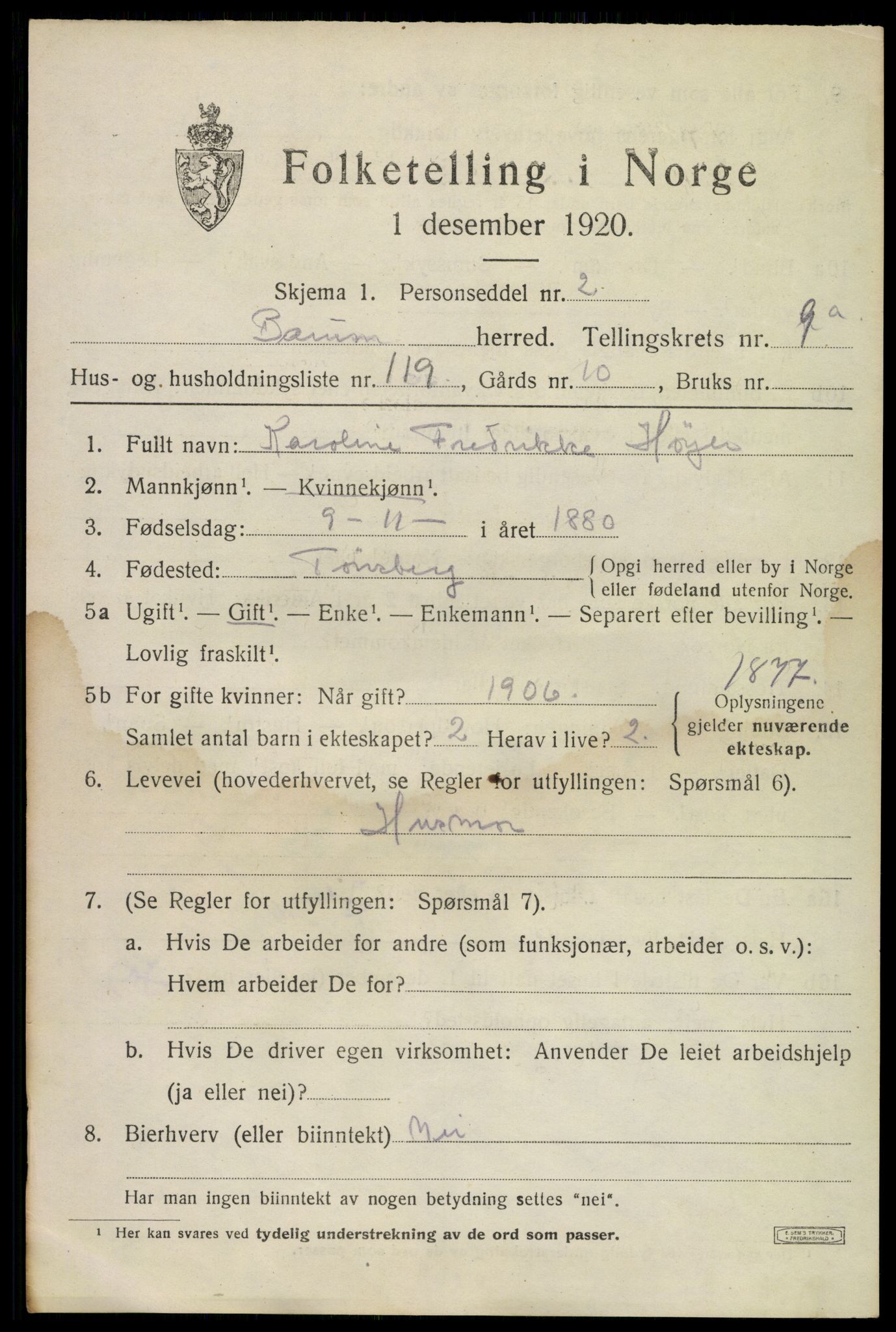 SAO, 1920 census for Bærum, 1920, p. 20370