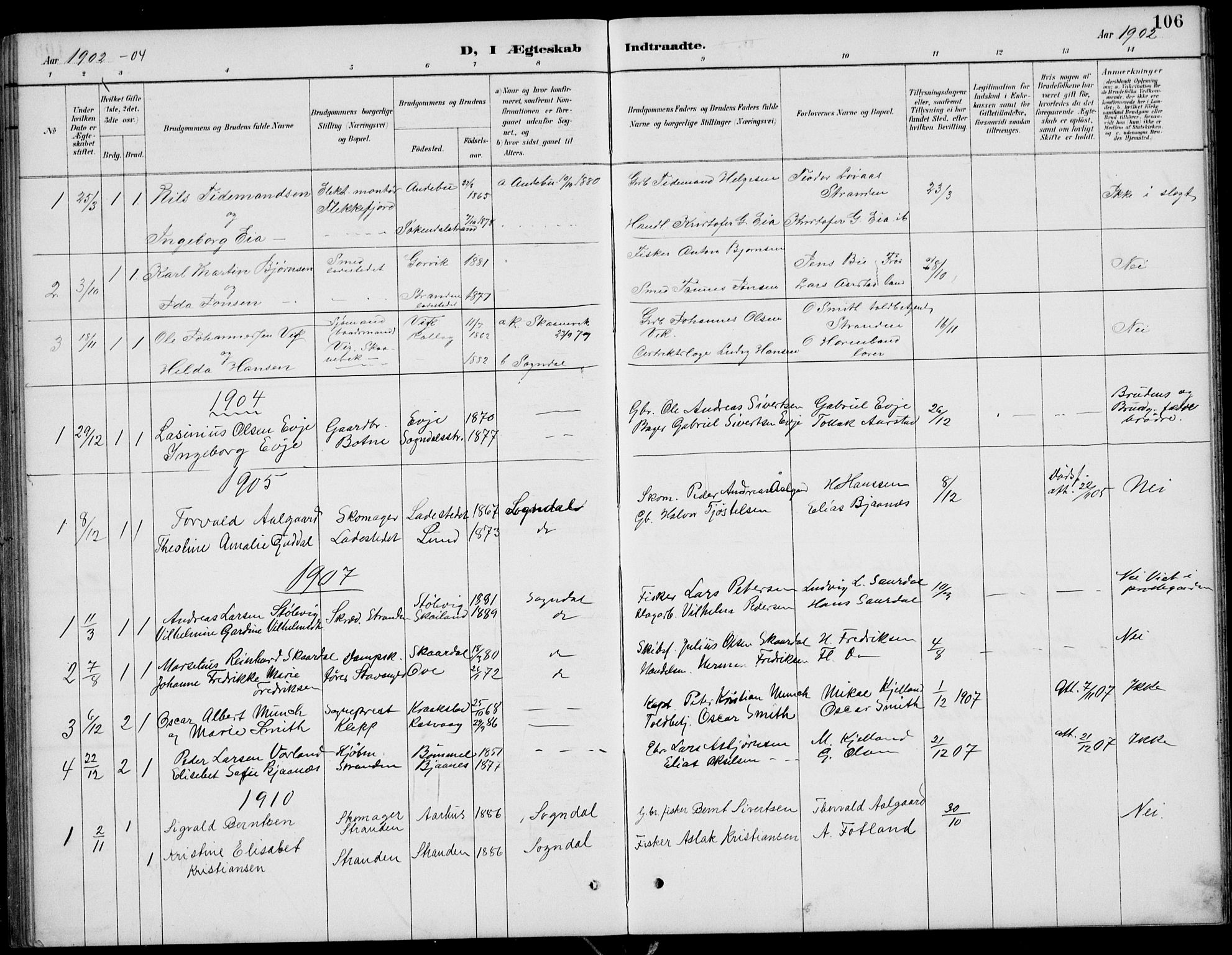 Sokndal sokneprestkontor, SAST/A-101808: Parish register (copy) no. B 5, 1887-1934, p. 106